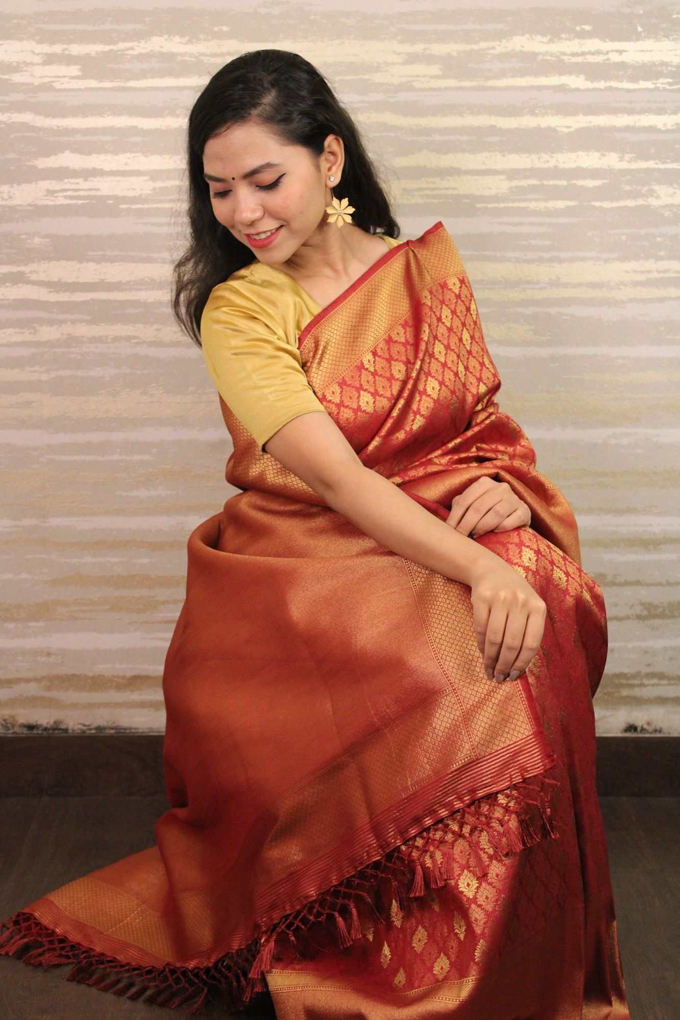 red kanjeevaram woven zari all over wrap in 1 minute saree - Isadora Life Online Shopping Store
