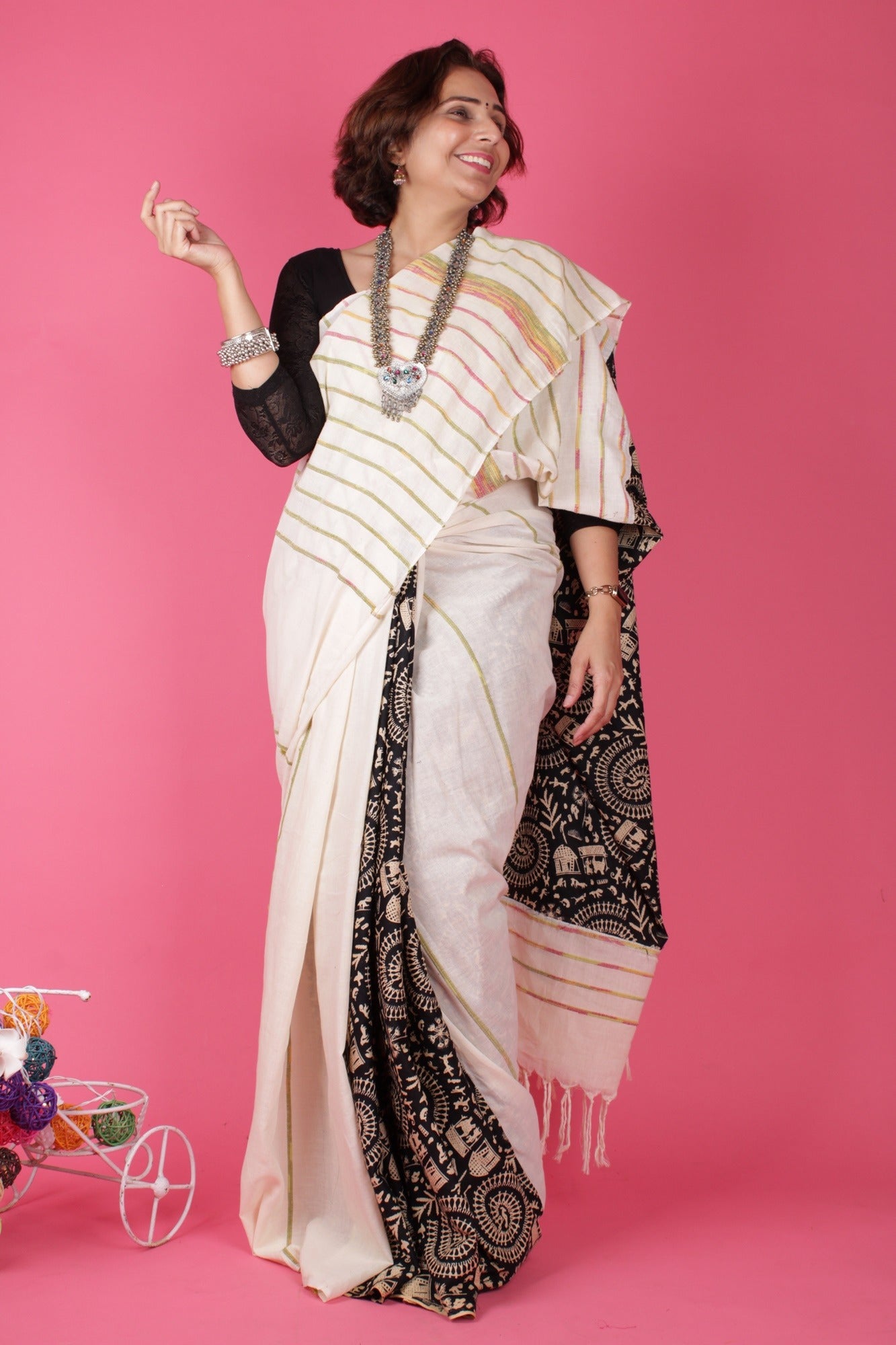 KHESH KHADI - WARLI ART PRINTED WITH GHICHA WORK WRAP IN 1 MINUTE SAREE - Isadora Life Online Shopping Store