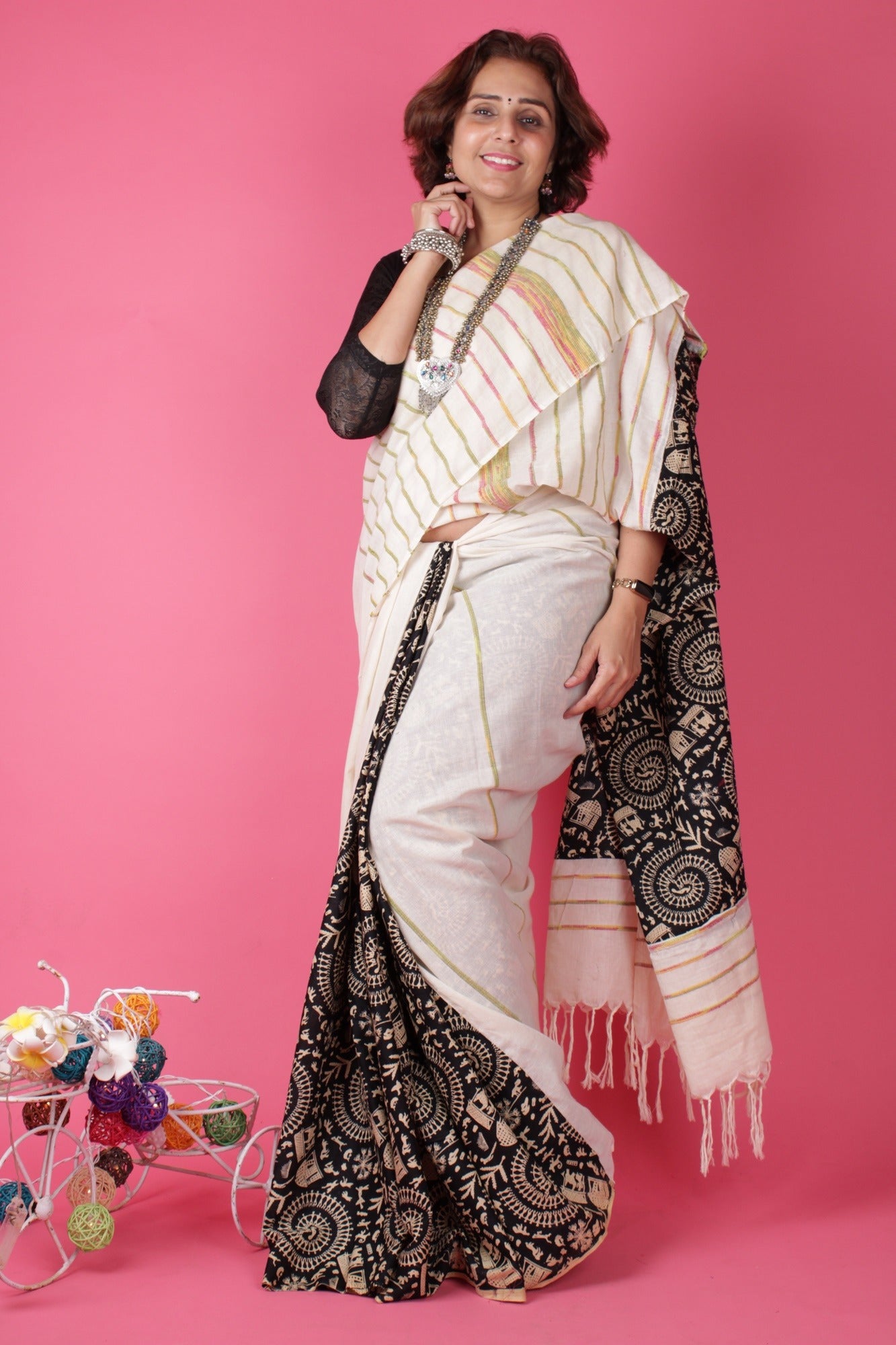 KHESH KHADI - WARLI ART PRINTED WITH GHICHA WORK WRAP IN 1 MINUTE SAREE - Isadora Life Online Shopping Store