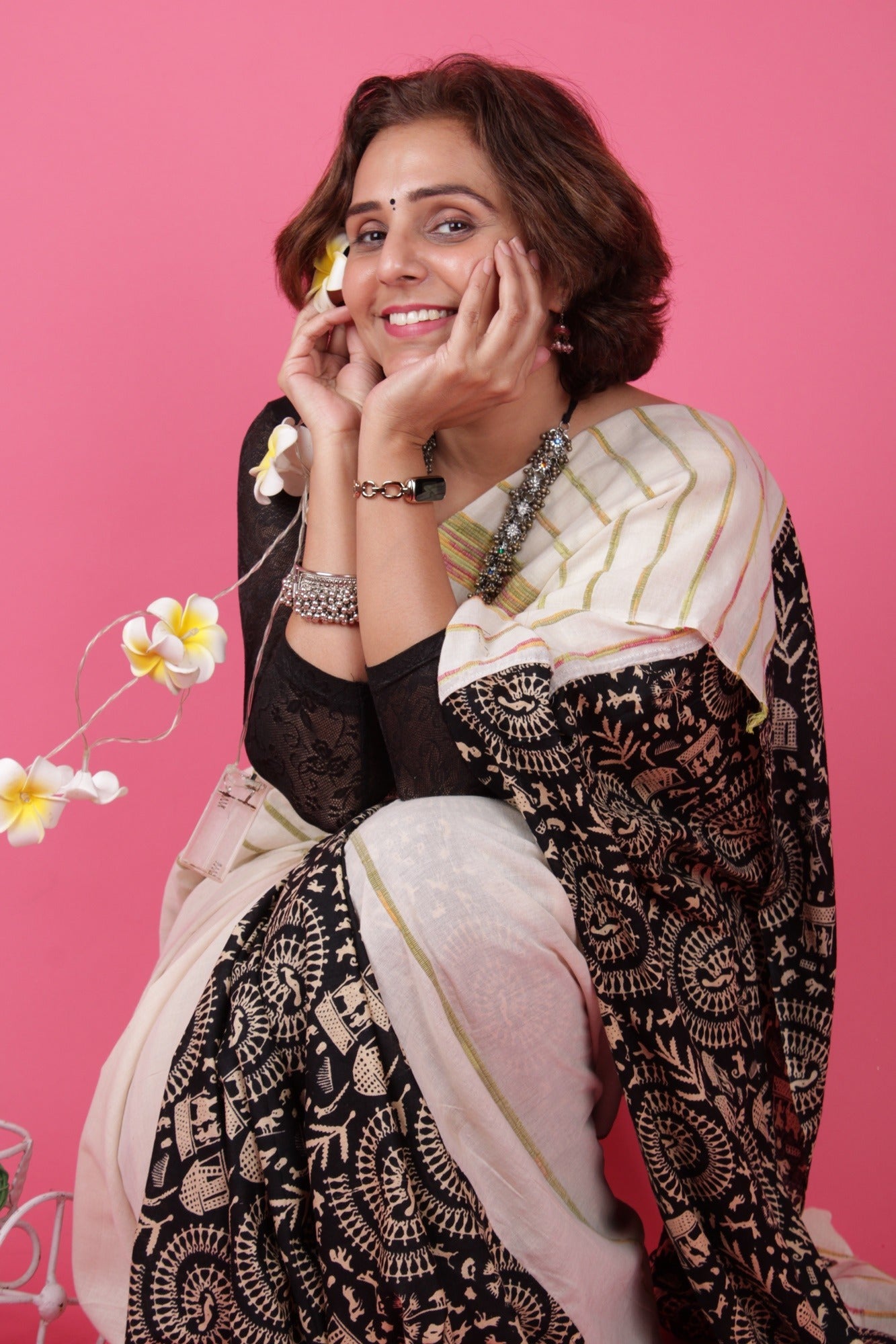 KHESH KHADI - WARLI ART PRINTED WITH GHICHA WORK WRAP IN 1 MINUTE SAREE - Isadora Life Online Shopping Store