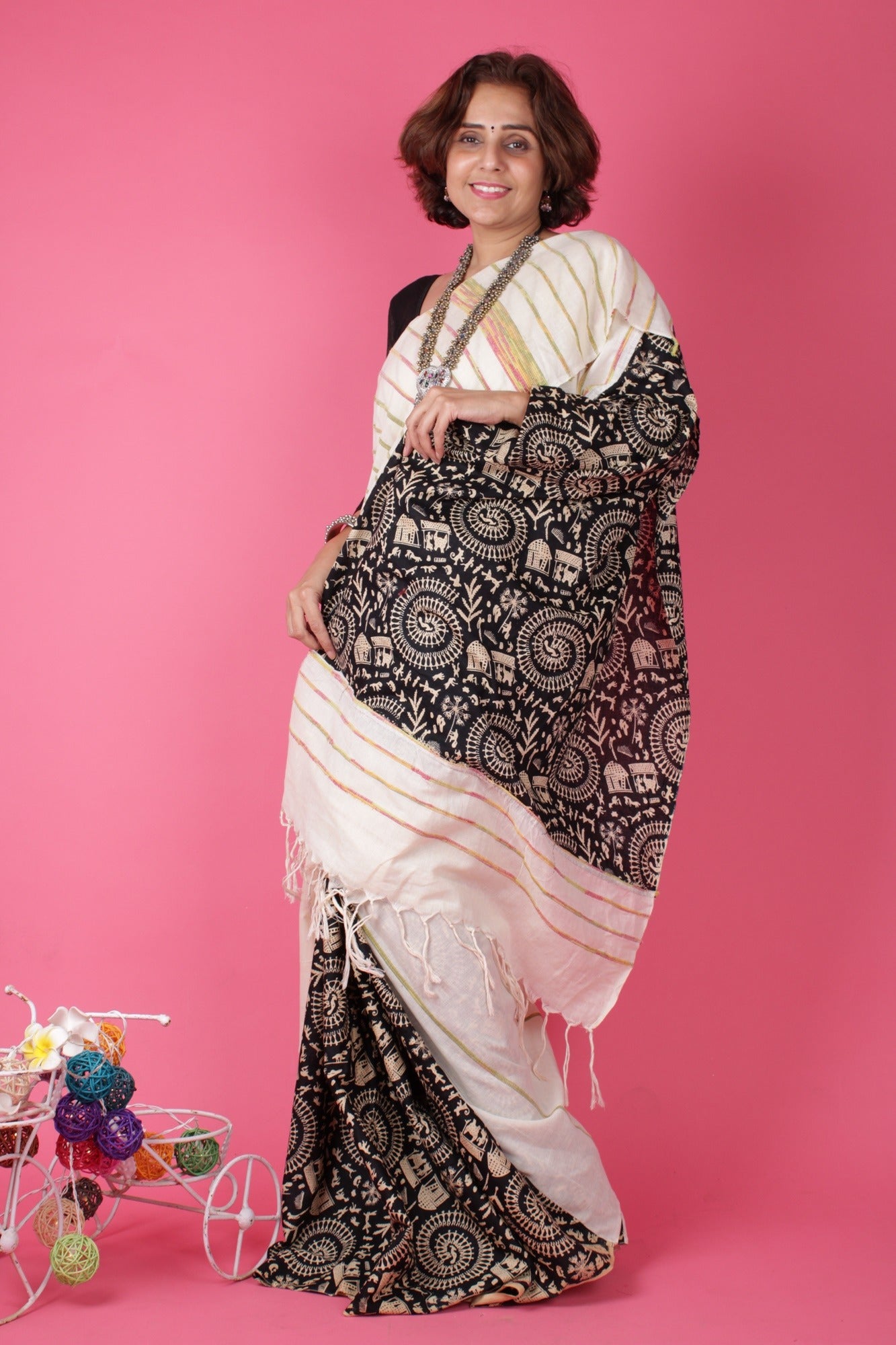 KHESH KHADI - WARLI ART PRINTED WITH GHICHA WORK WRAP IN 1 MINUTE SAREE - Isadora Life Online Shopping Store