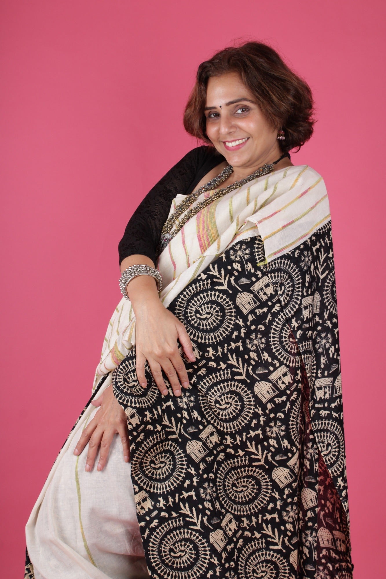 KHESH KHADI - WARLI ART PRINTED WITH GHICHA WORK WRAP IN 1 MINUTE SAREE - Isadora Life Online Shopping Store