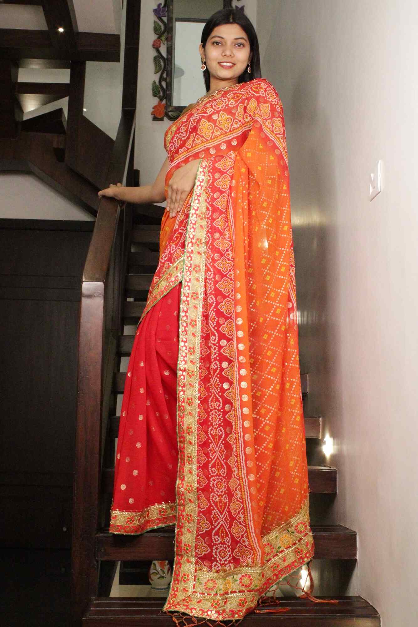 RED - ORANGE GEORGETTE CHIFFON BANDHANI SAREE WITH GOTA PATTI BORDER - Isadora Life Online Shopping Store