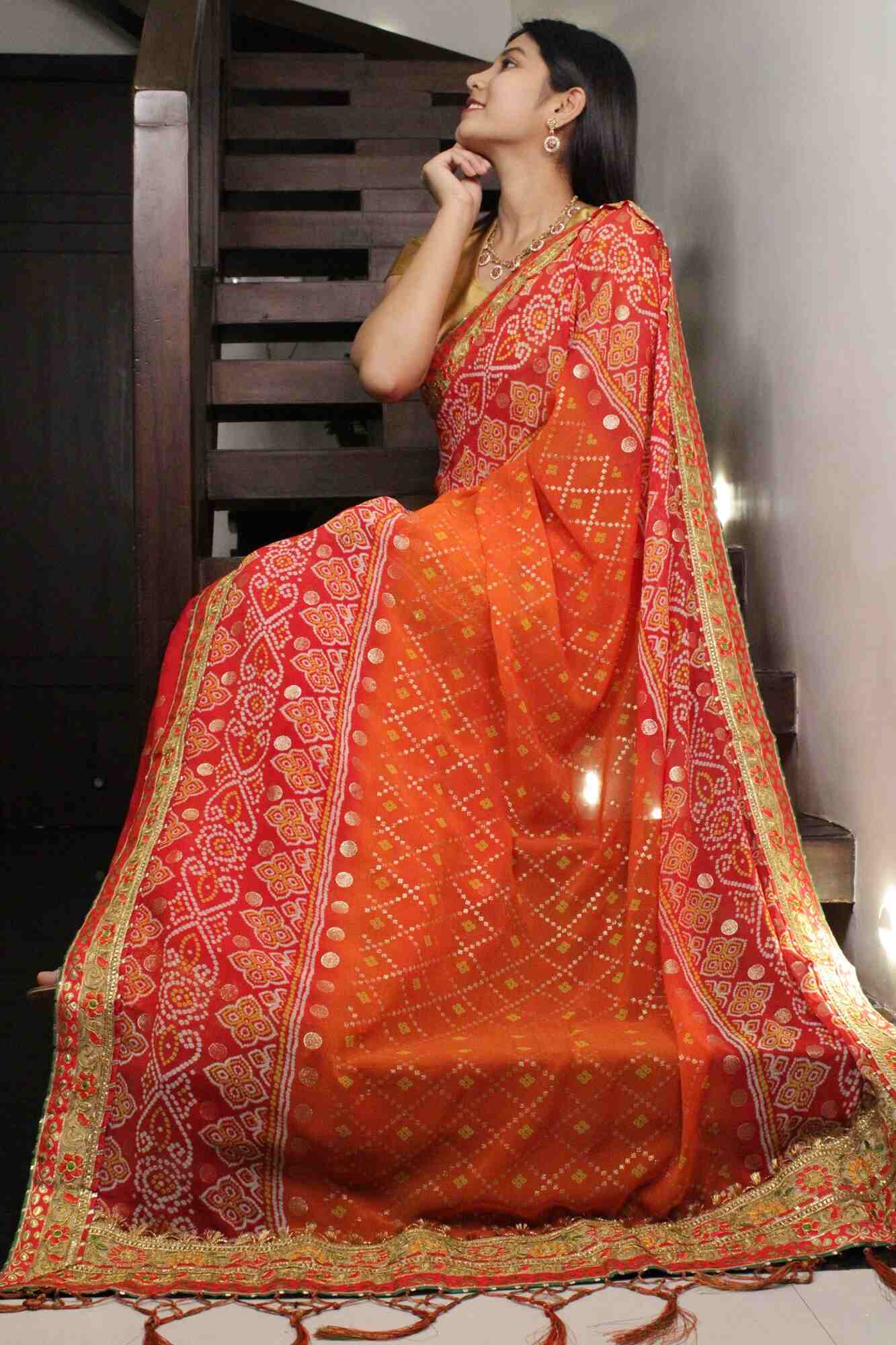 RED - ORANGE GEORGETTE CHIFFON BANDHANI SAREE WITH GOTA PATTI BORDER - Isadora Life Online Shopping Store