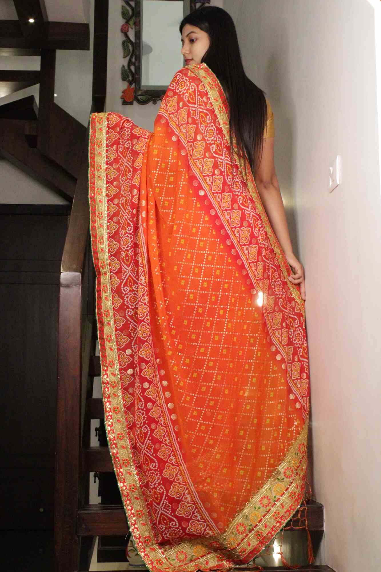 RED - ORANGE GEORGETTE CHIFFON BANDHANI SAREE WITH GOTA PATTI BORDER - Isadora Life Online Shopping Store