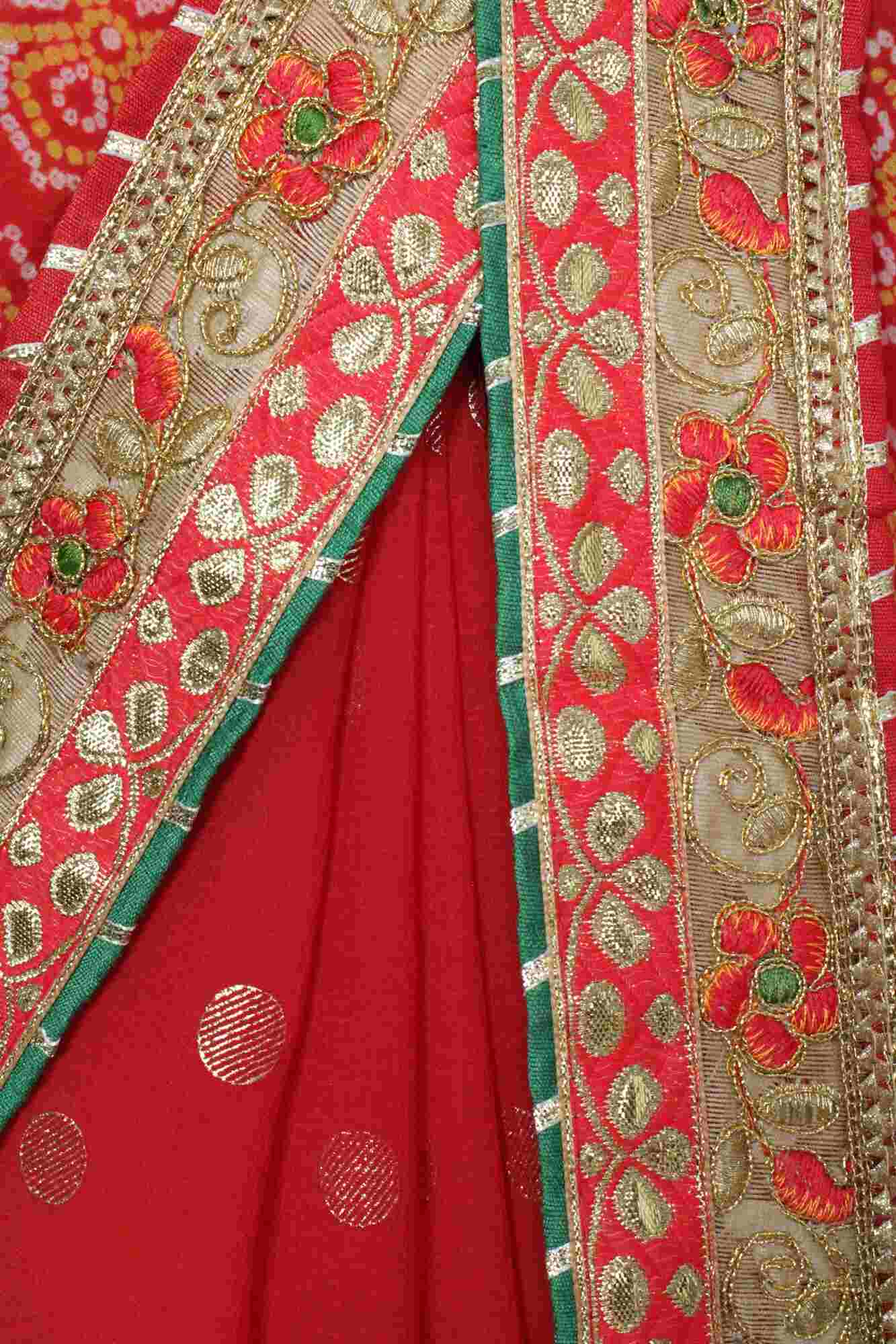 RED - ORANGE GEORGETTE CHIFFON BANDHANI SAREE WITH GOTA PATTI BORDER - Isadora Life Online Shopping Store