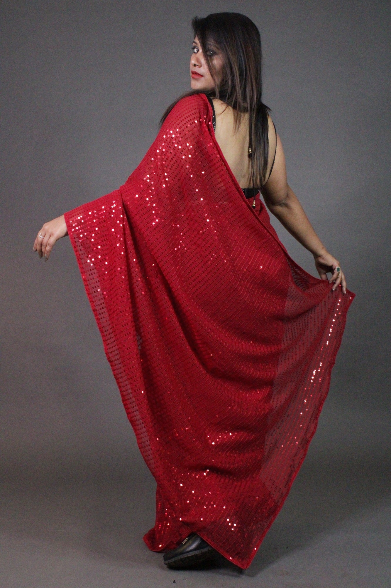 Red sequin georgette wrap in 1 minute saree - Isadora Life Online Shopping Store