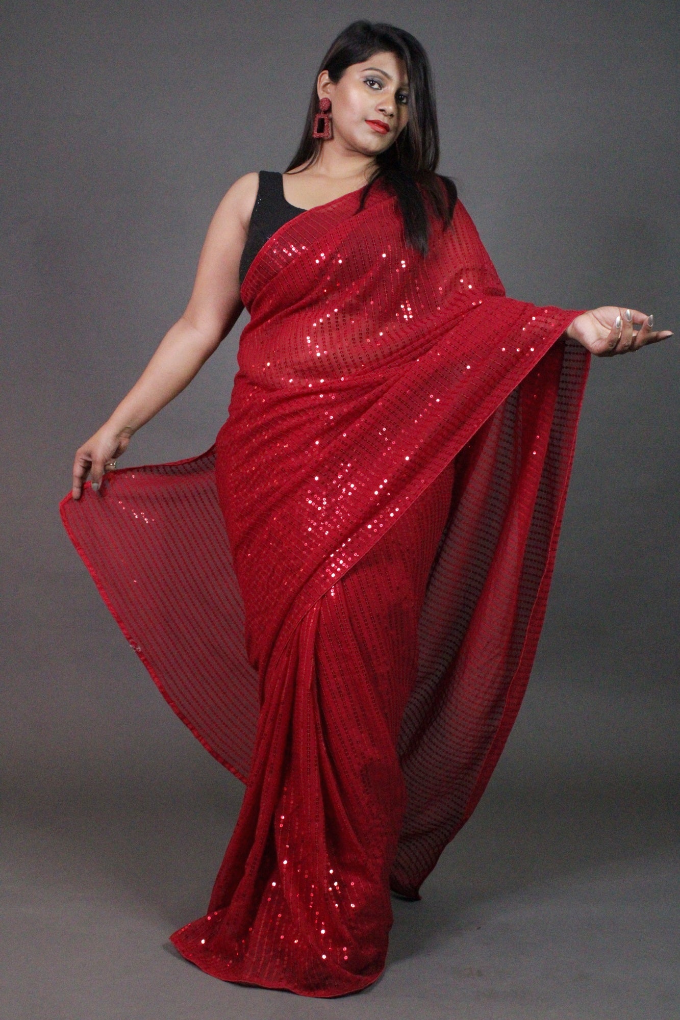 Red sequin georgette wrap in 1 minute saree - Isadora Life Online Shopping Store