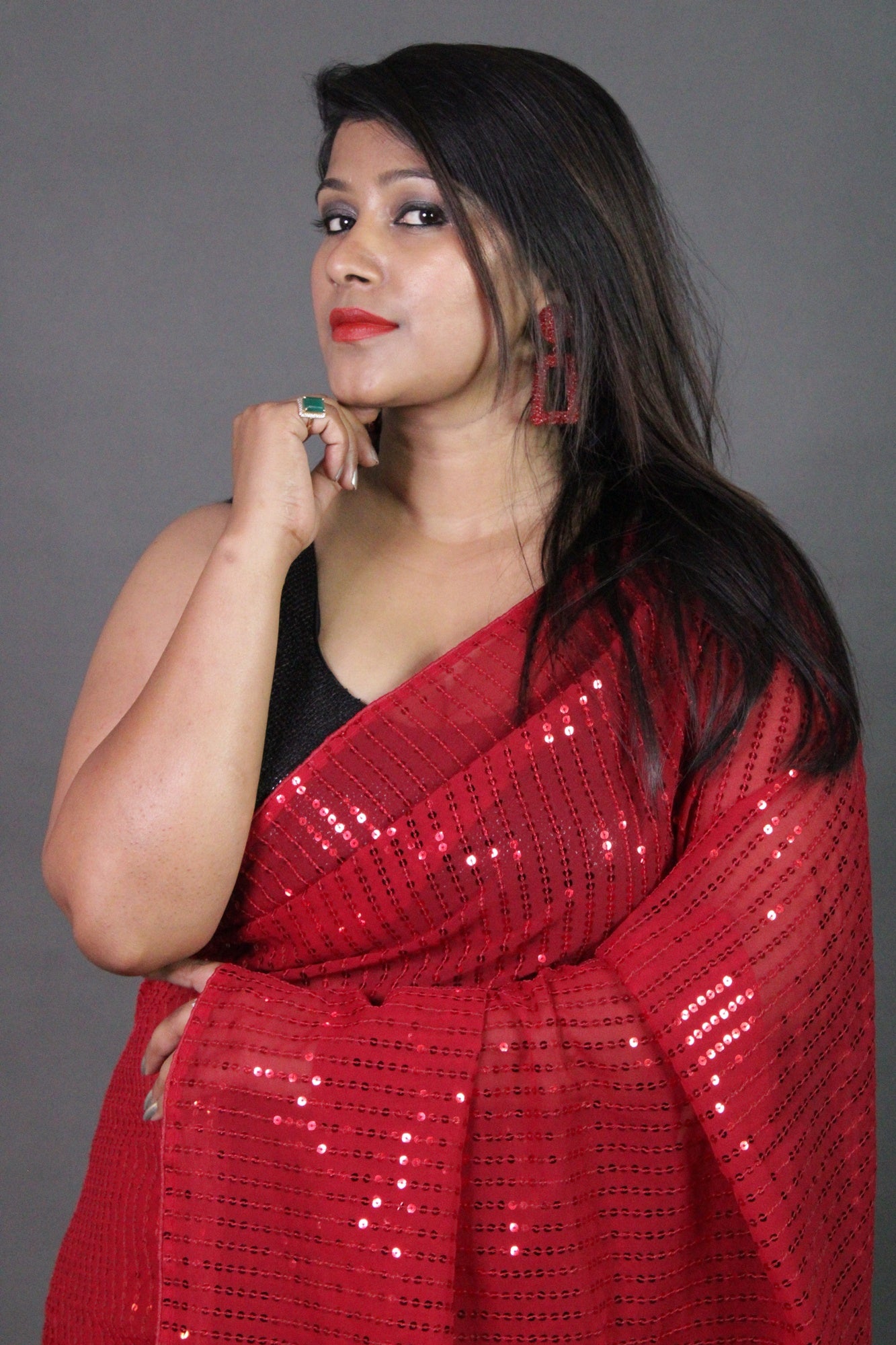 Red sequin georgette wrap in 1 minute saree - Isadora Life Online Shopping Store