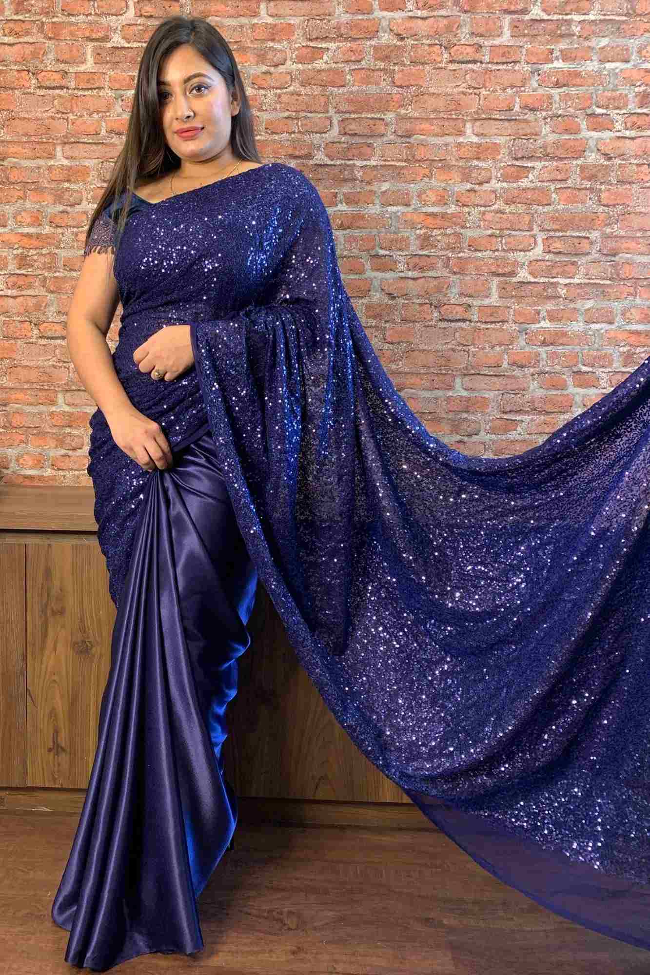 Navy blue sequin and satin wrap in 1 minute saree - Isadora Life Online Shopping Store