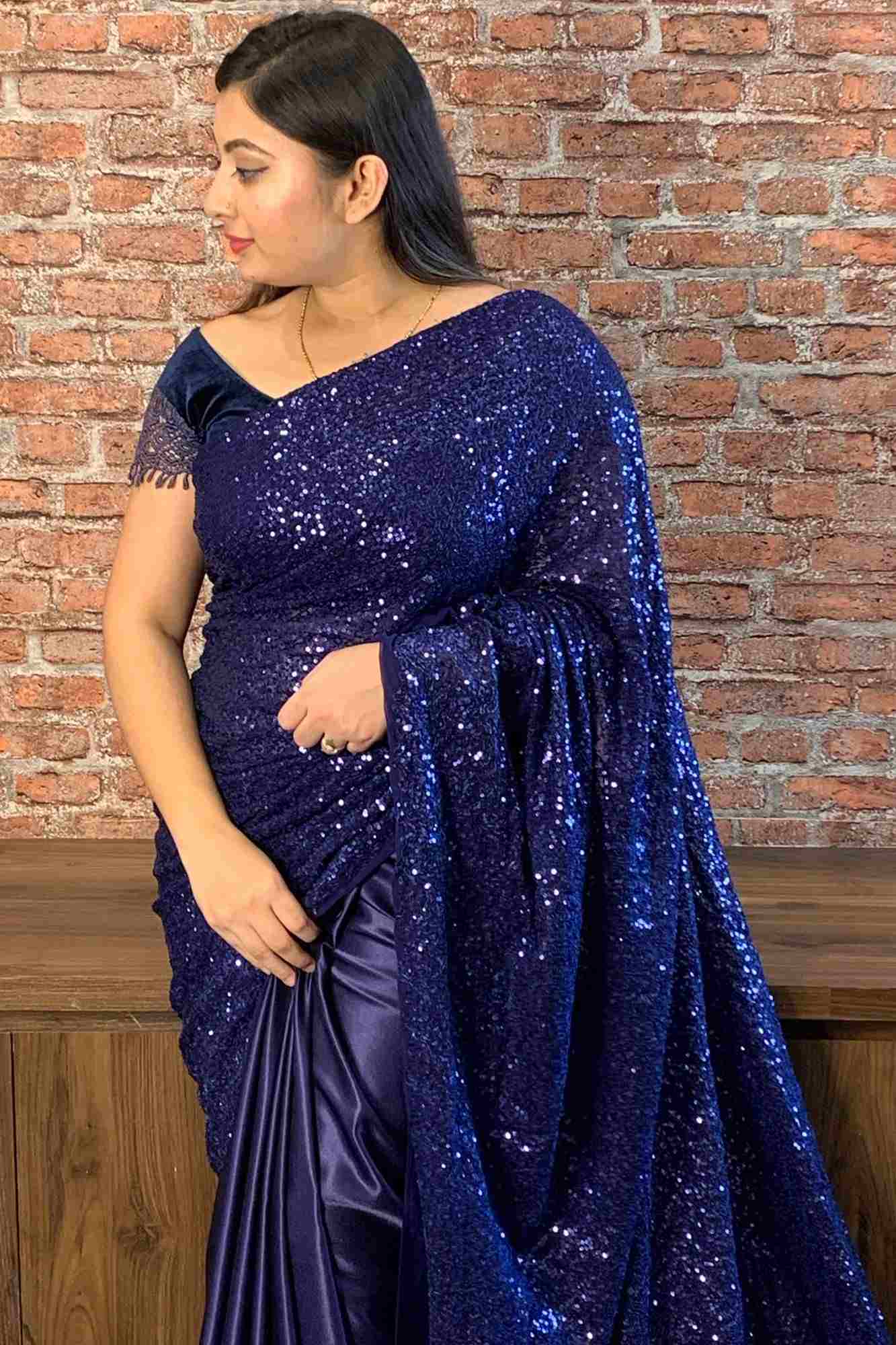 Navy blue sequin and satin wrap in 1 minute saree - Isadora Life Online Shopping Store