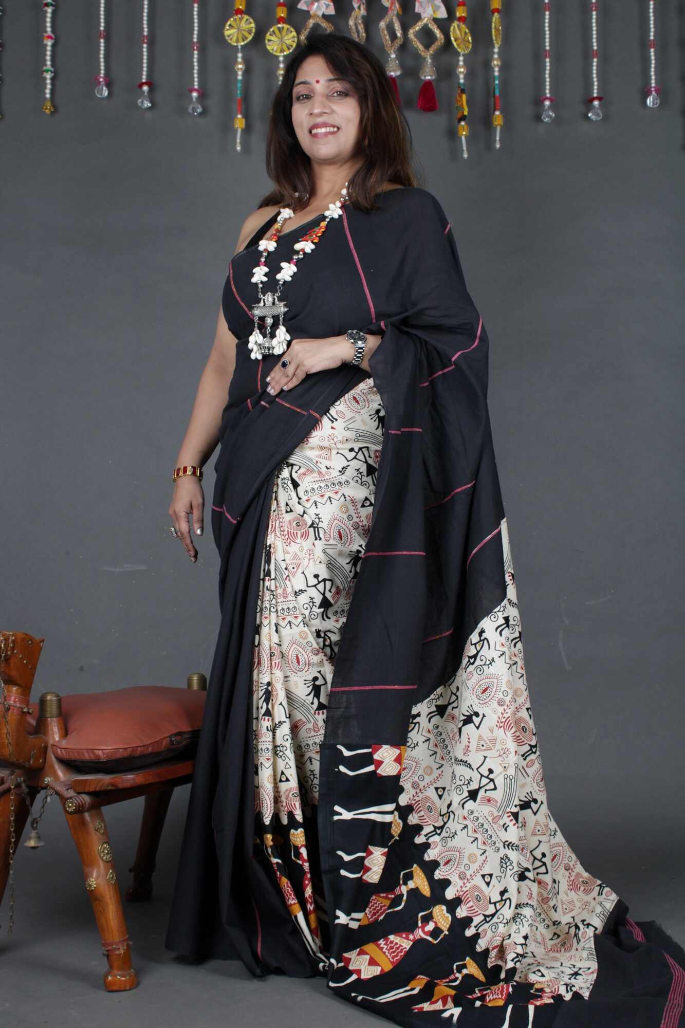 KHESH KHADI HALF N HALF - WARLI ART PRINTED WITH GHICHA WORK WRAP IN 1 MINUTE SAREE - Isadora Life Online Shopping Store