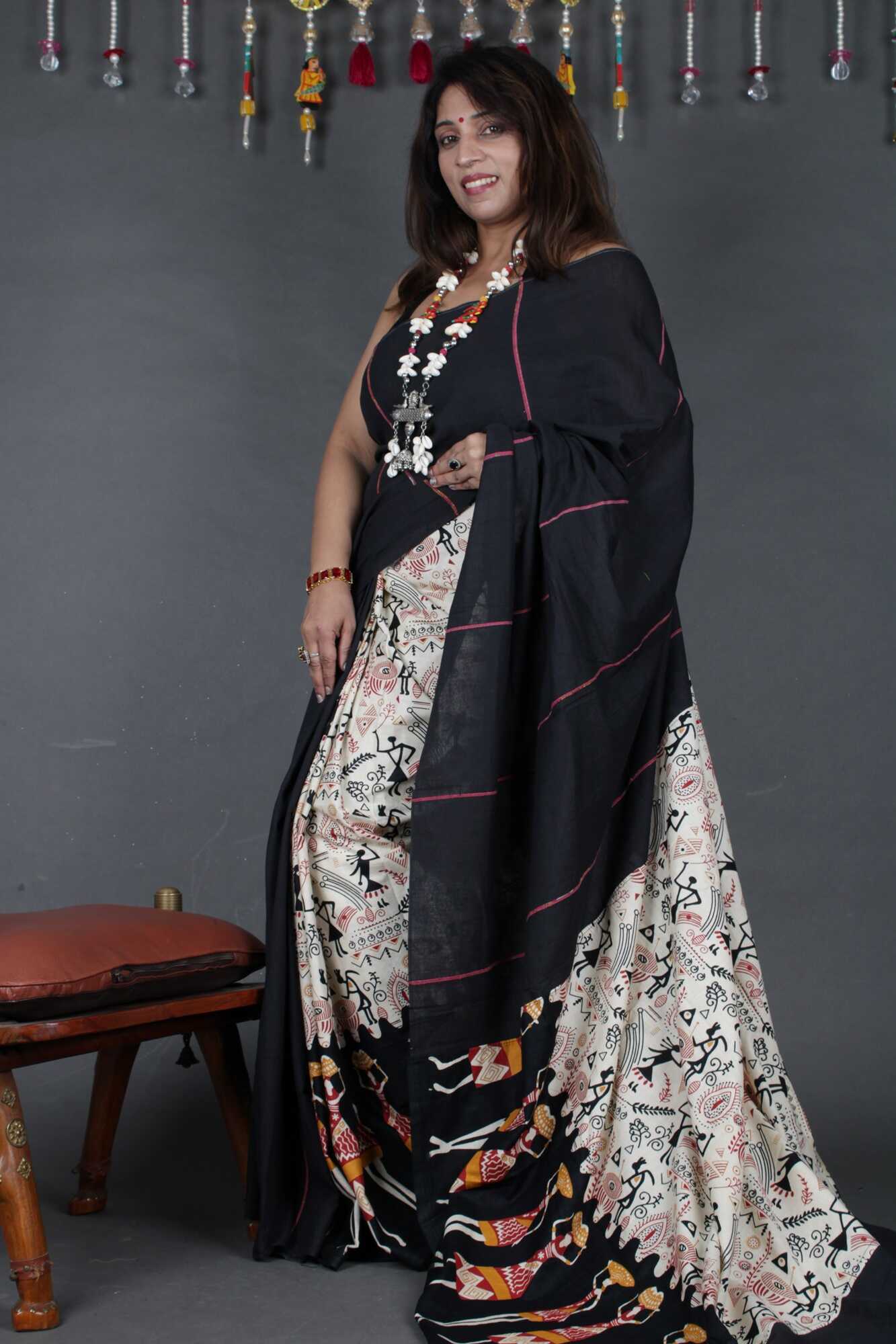 KHESH KHADI HALF N HALF - WARLI ART PRINTED WITH GHICHA WORK WRAP IN 1 MINUTE SAREE - Isadora Life Online Shopping Store