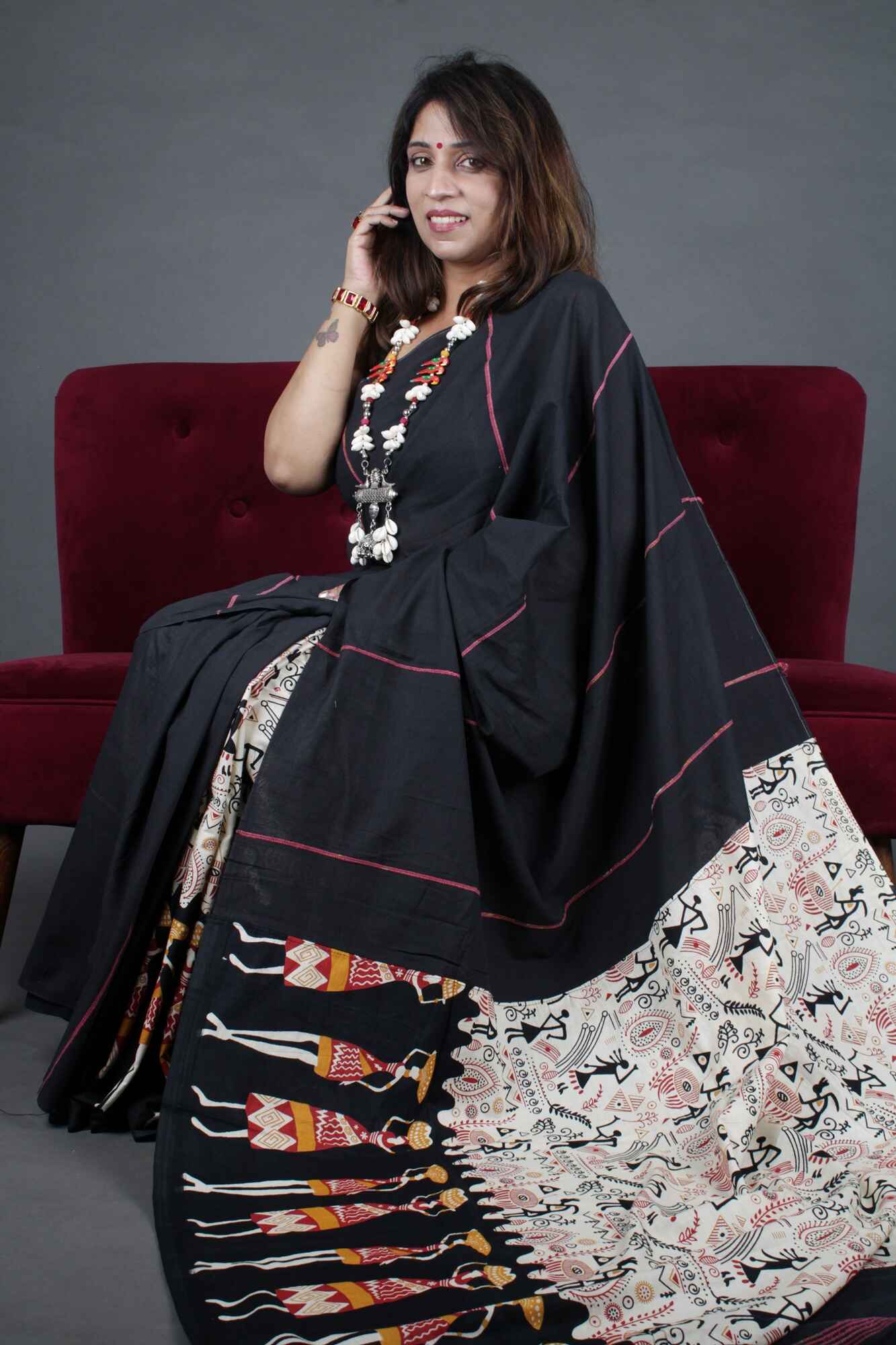 KHESH KHADI HALF N HALF - WARLI ART PRINTED WITH GHICHA WORK WRAP IN 1 MINUTE SAREE - Isadora Life Online Shopping Store