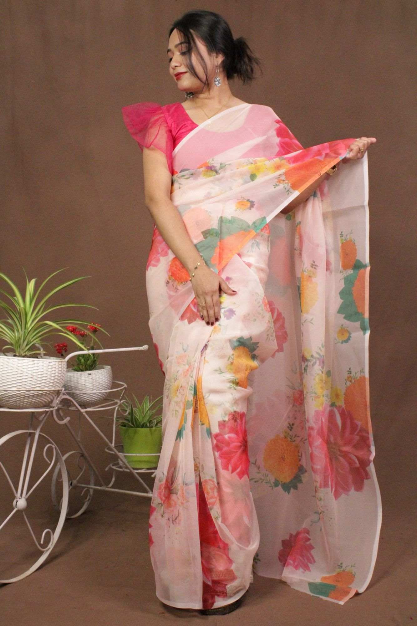 Pink & Yellow Organza Floral Printed Wrap in 1 minute saree - Isadora Life Online Shopping Store