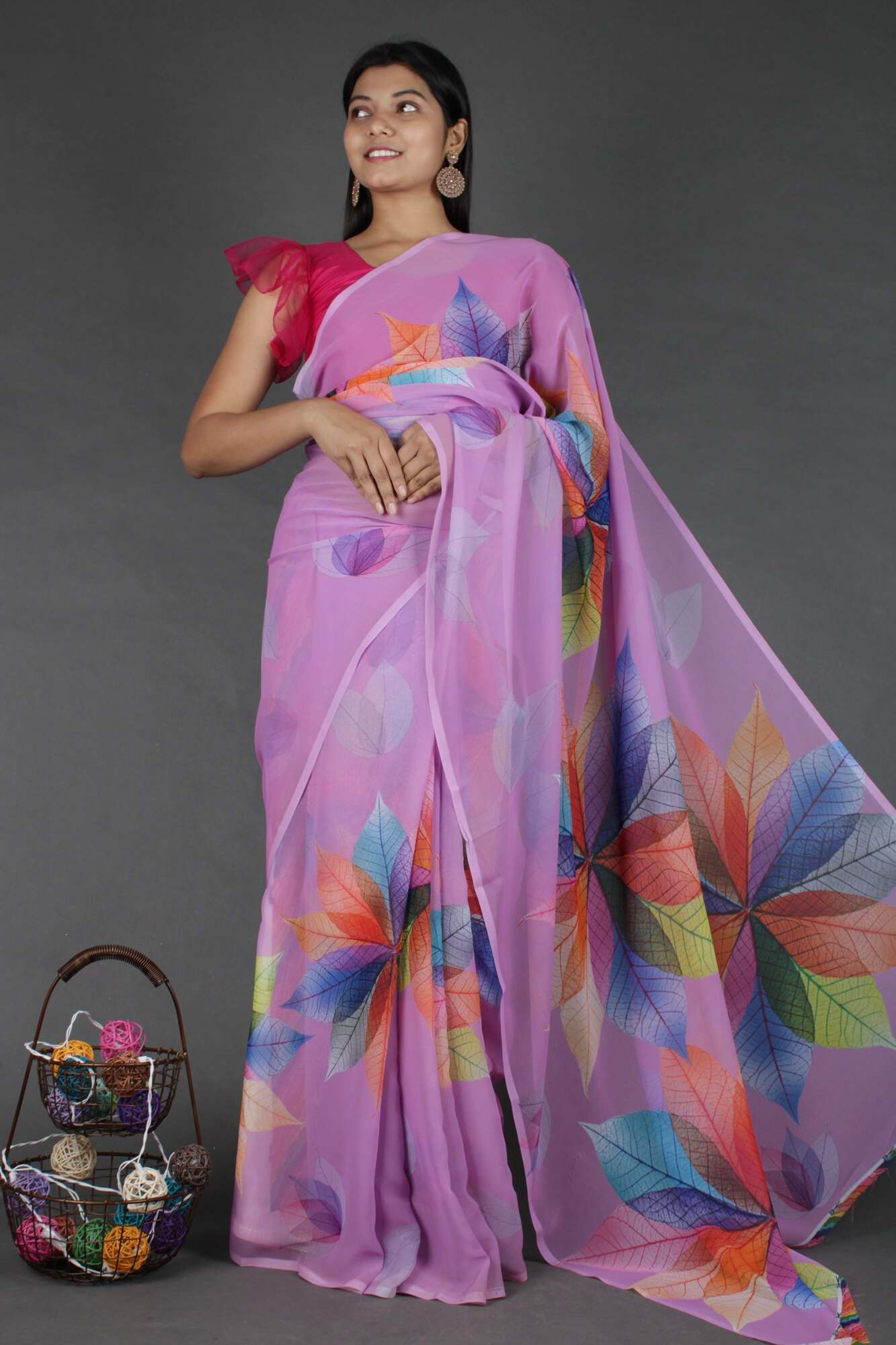 Lavender geometric multicolor flower printed Georgette wrap in 1 minute saree - Isadora Life Online Shopping Store