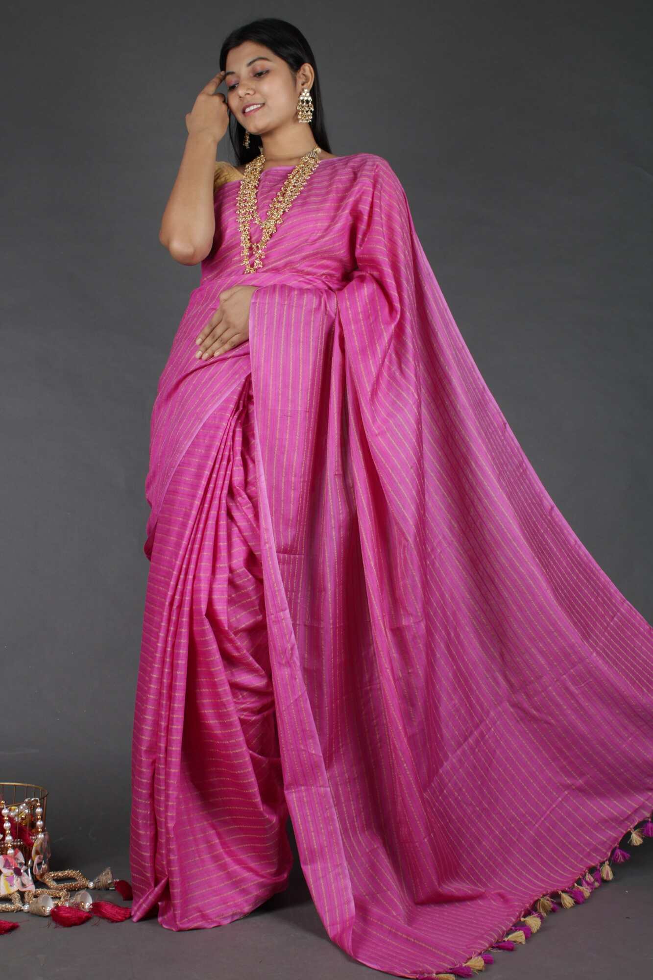 Rani pink bright and beautiful Katan Silk with Resham Weaving all over Wrap in 1 minute saree - Isadora Life Online Shopping Store