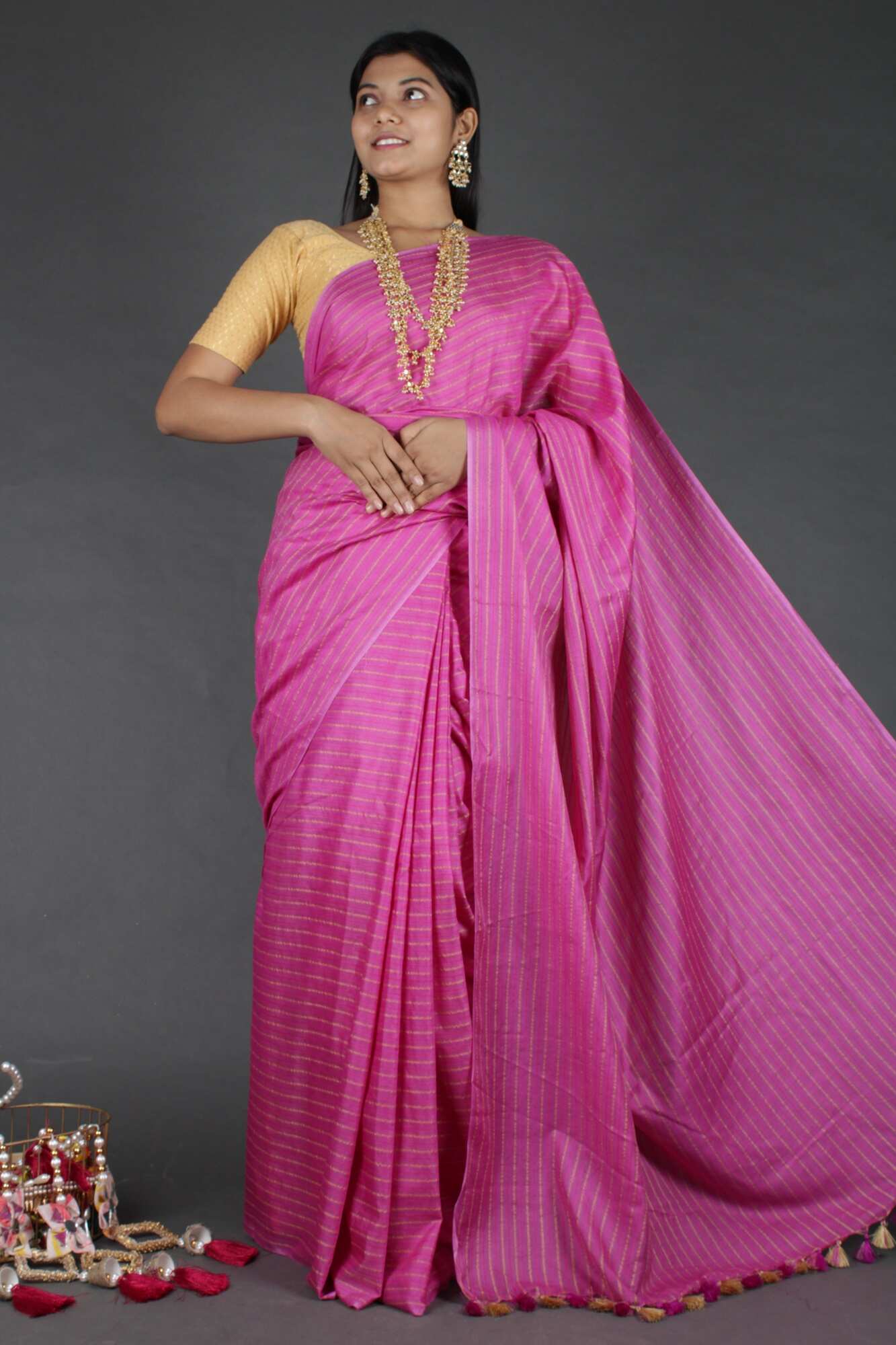 Rani pink bright and beautiful Katan Silk with Resham Weaving all over Wrap in 1 minute saree - Isadora Life Online Shopping Store