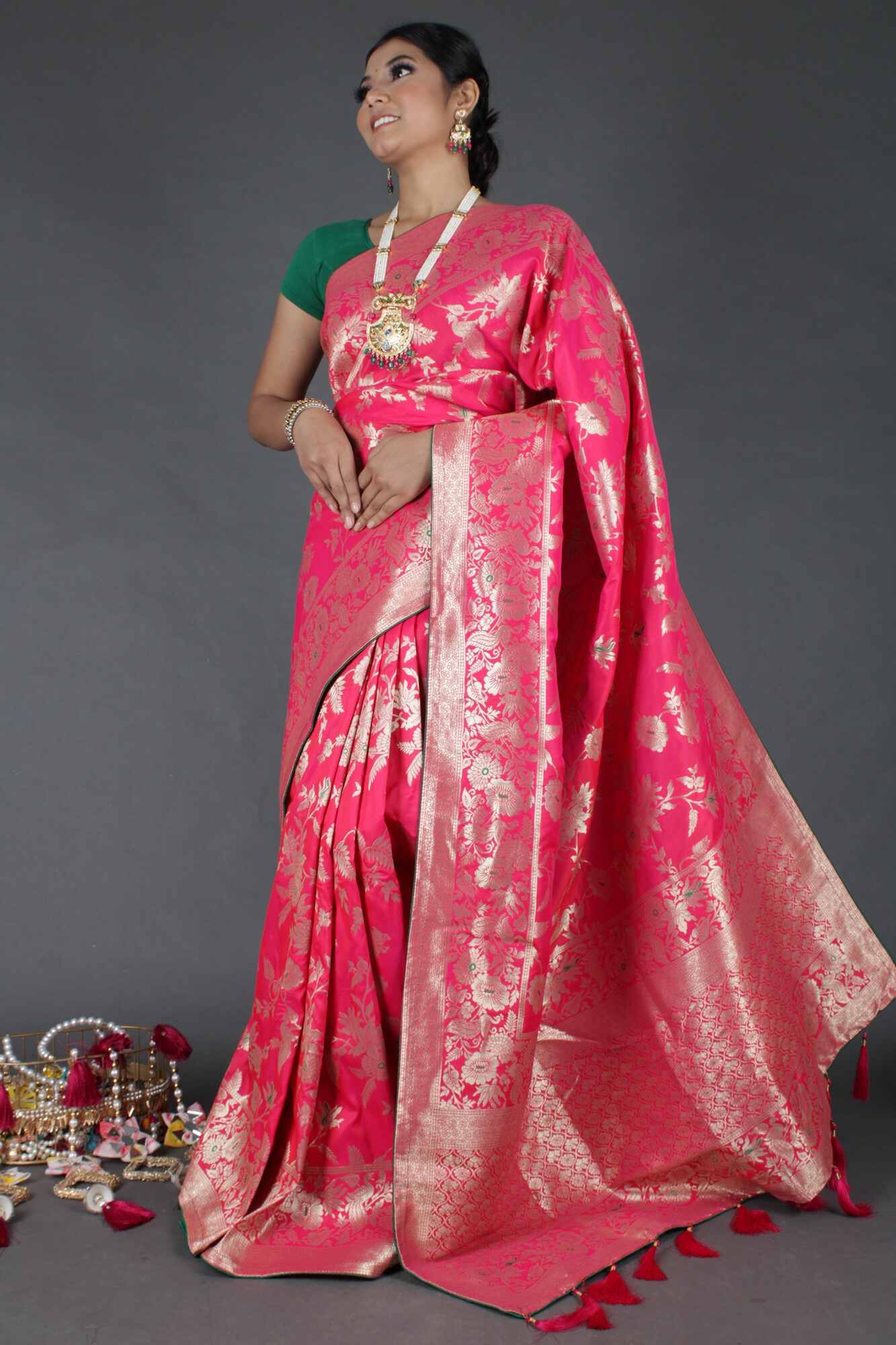 Rani color banarasi silk blend with tassels in pallu wrap in 1 minute saree - Isadora Life Online Shopping Store