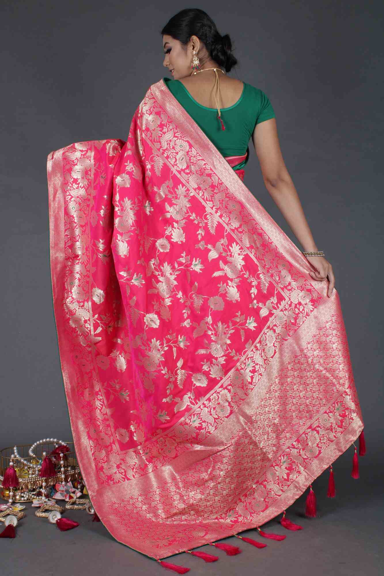 Rani color banarasi silk blend with tassels in pallu wrap in 1 minute saree - Isadora Life Online Shopping Store