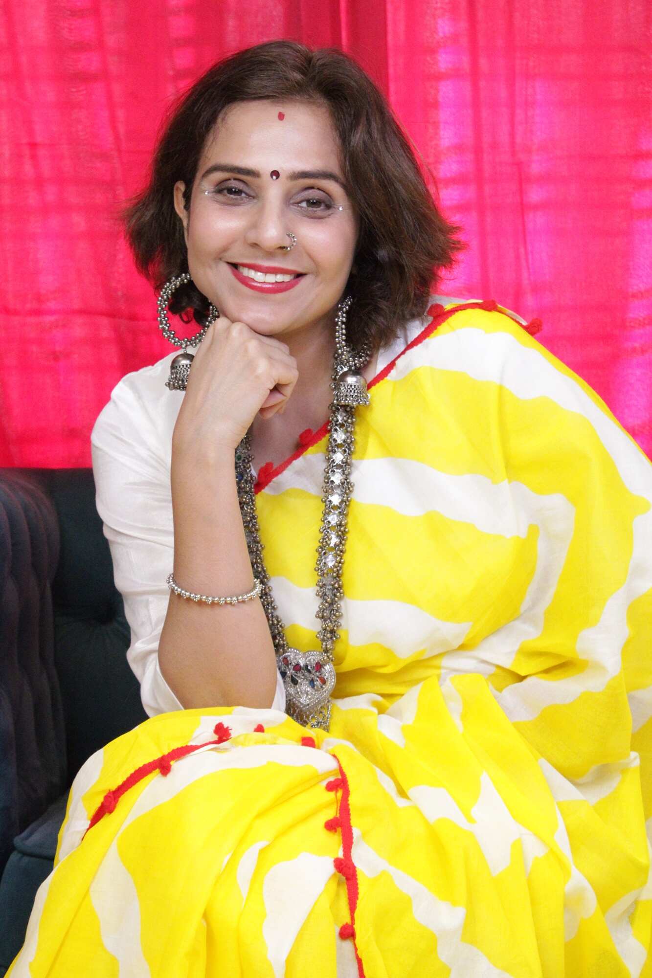 YELLOW AND WHITE COTTON MUL MUL PRINTED SAREE WITH POMPOM - Isadora Life Online Shopping Store