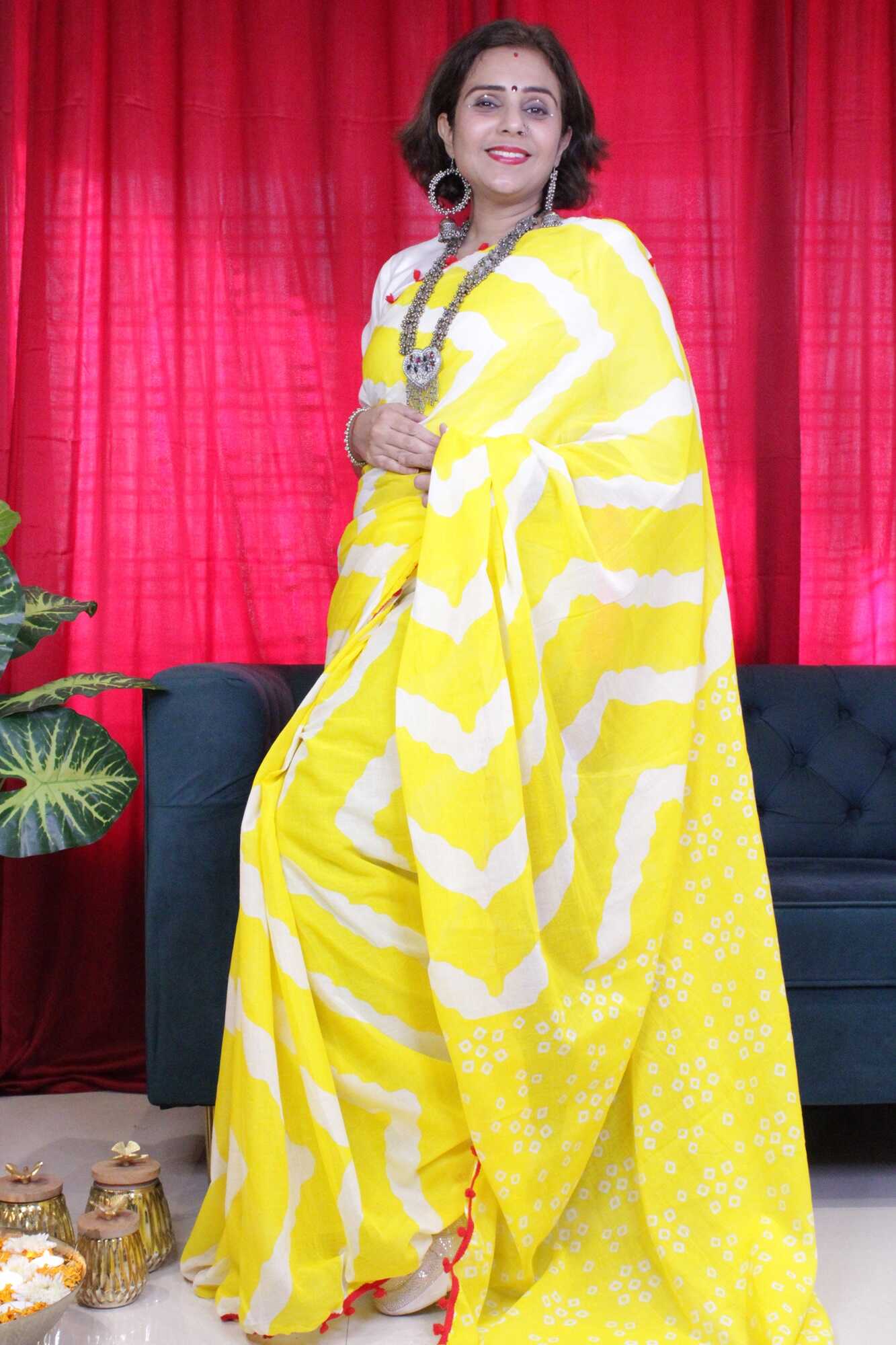YELLOW AND WHITE COTTON MUL MUL PRINTED SAREE WITH POMPOM - Isadora Life Online Shopping Store