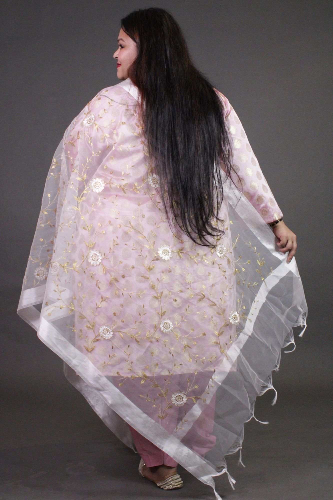 Baby Pink Brocade Ready to wear Salwar-Kameez with White Organza Embroidered Dupatta - Isadora Life Online Shopping Store