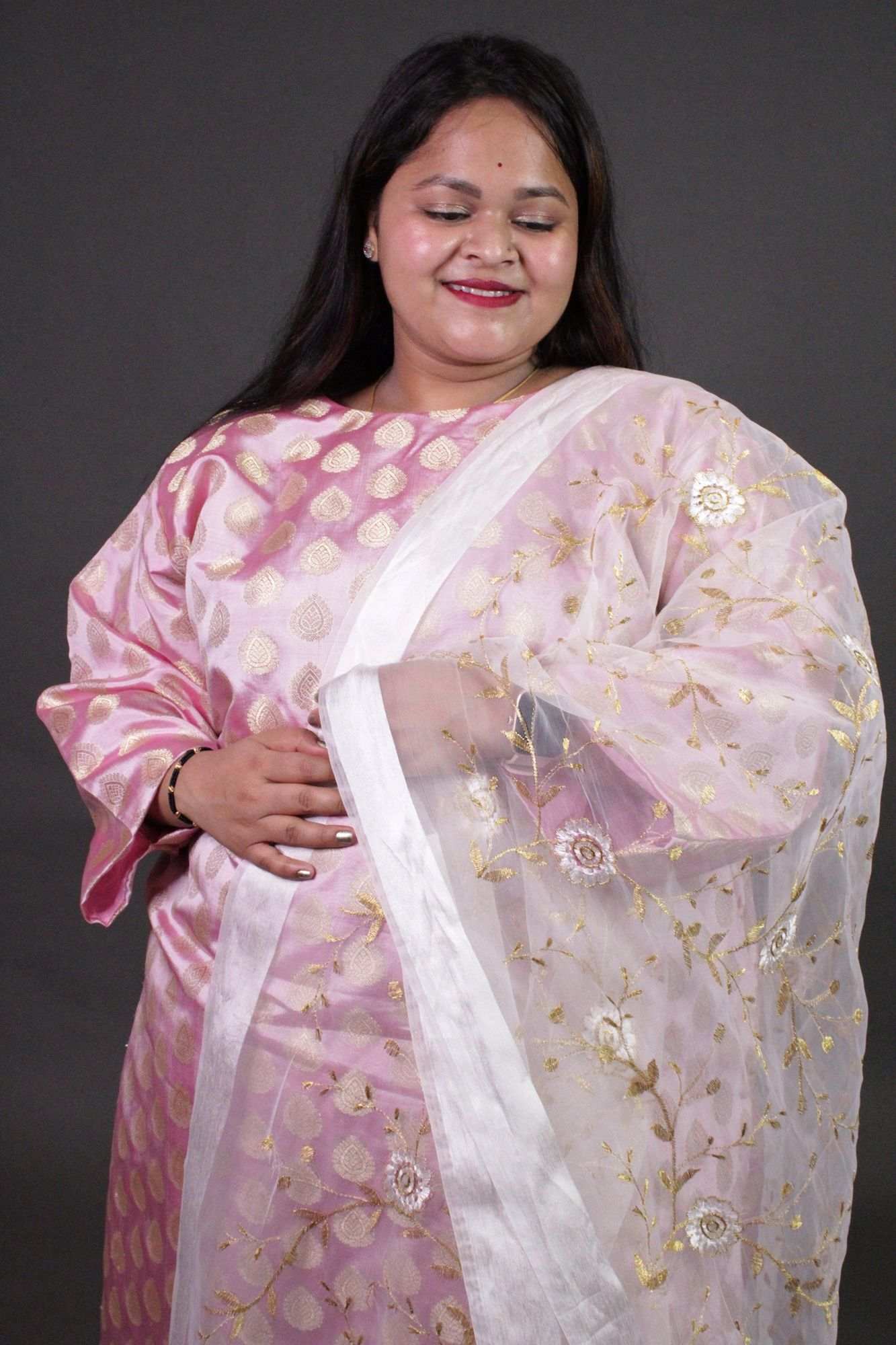 Baby Pink Brocade Ready to wear Salwar-Kameez with White Organza Embroidered Dupatta - Isadora Life Online Shopping Store