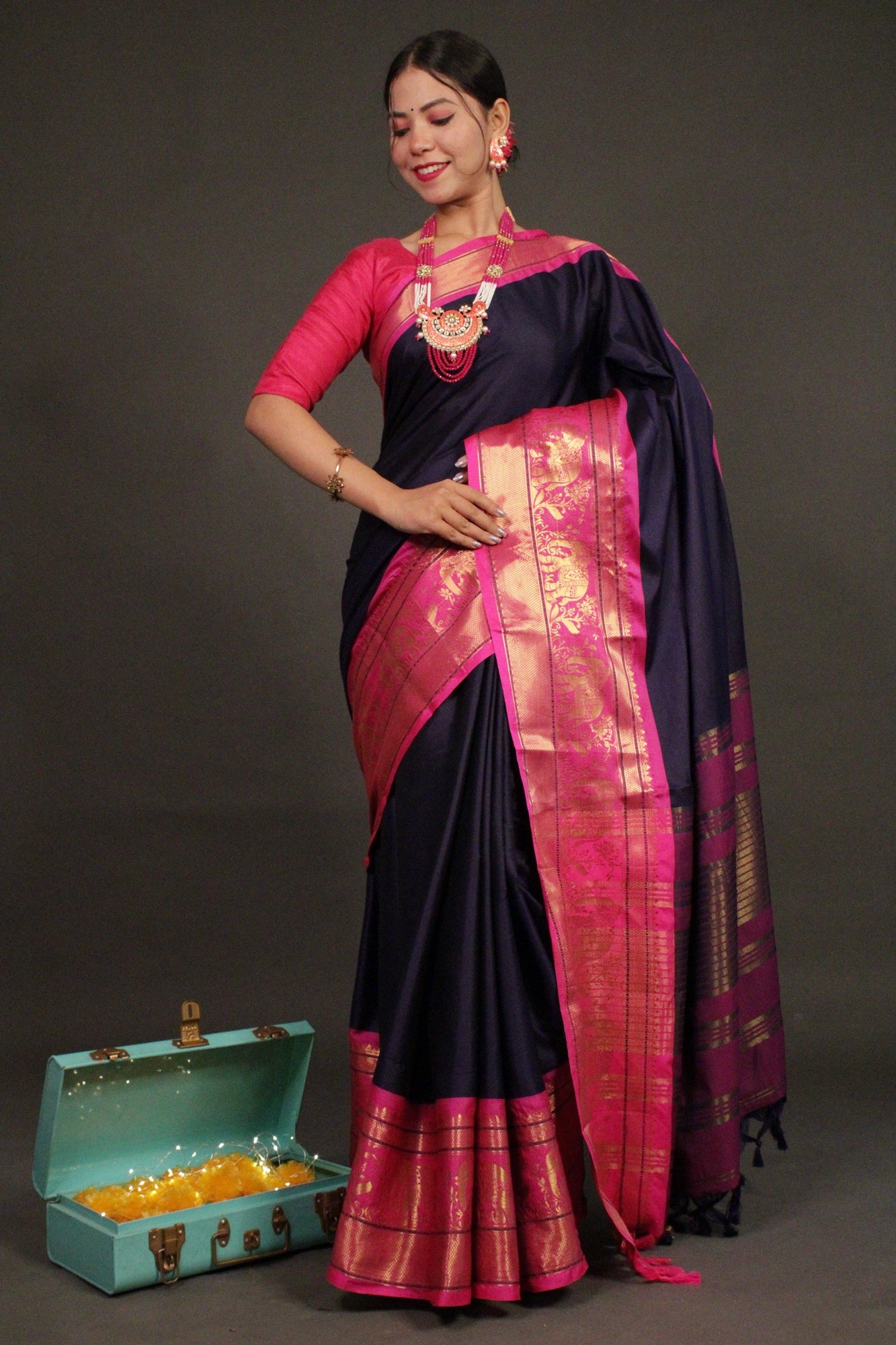 Royal Blue-Pink Banarasi Silk Wrap in 1 minute saree - Isadora Life Online Shopping Store