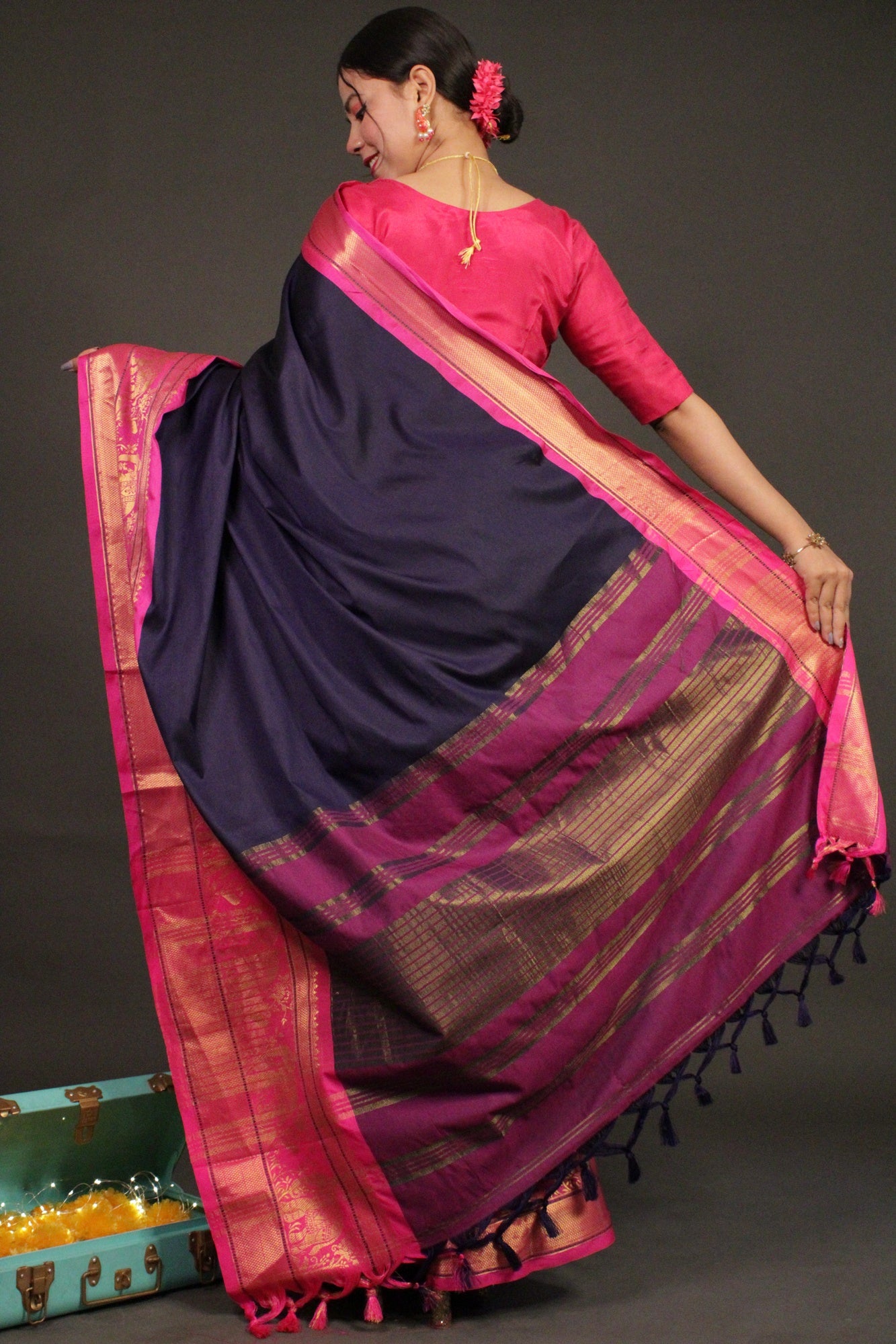 Royal Blue-Pink Banarasi Silk Wrap in 1 minute saree - Isadora Life Online Shopping Store