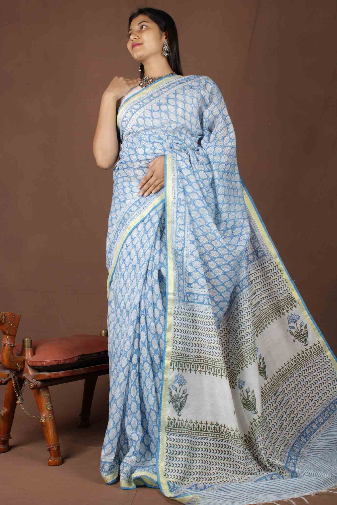BLUE & WHITE SOFT CHANDERI COTTON PRINTED WRAP IN 1 MINUTE SAREE - Isadora Life Online Shopping Store