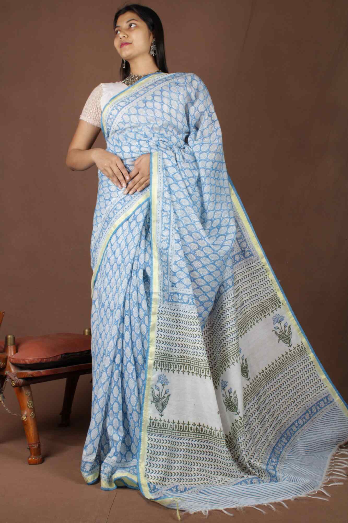 BLUE & WHITE SOFT CHANDERI COTTON PRINTED WRAP IN 1 MINUTE SAREE - Isadora Life Online Shopping Store