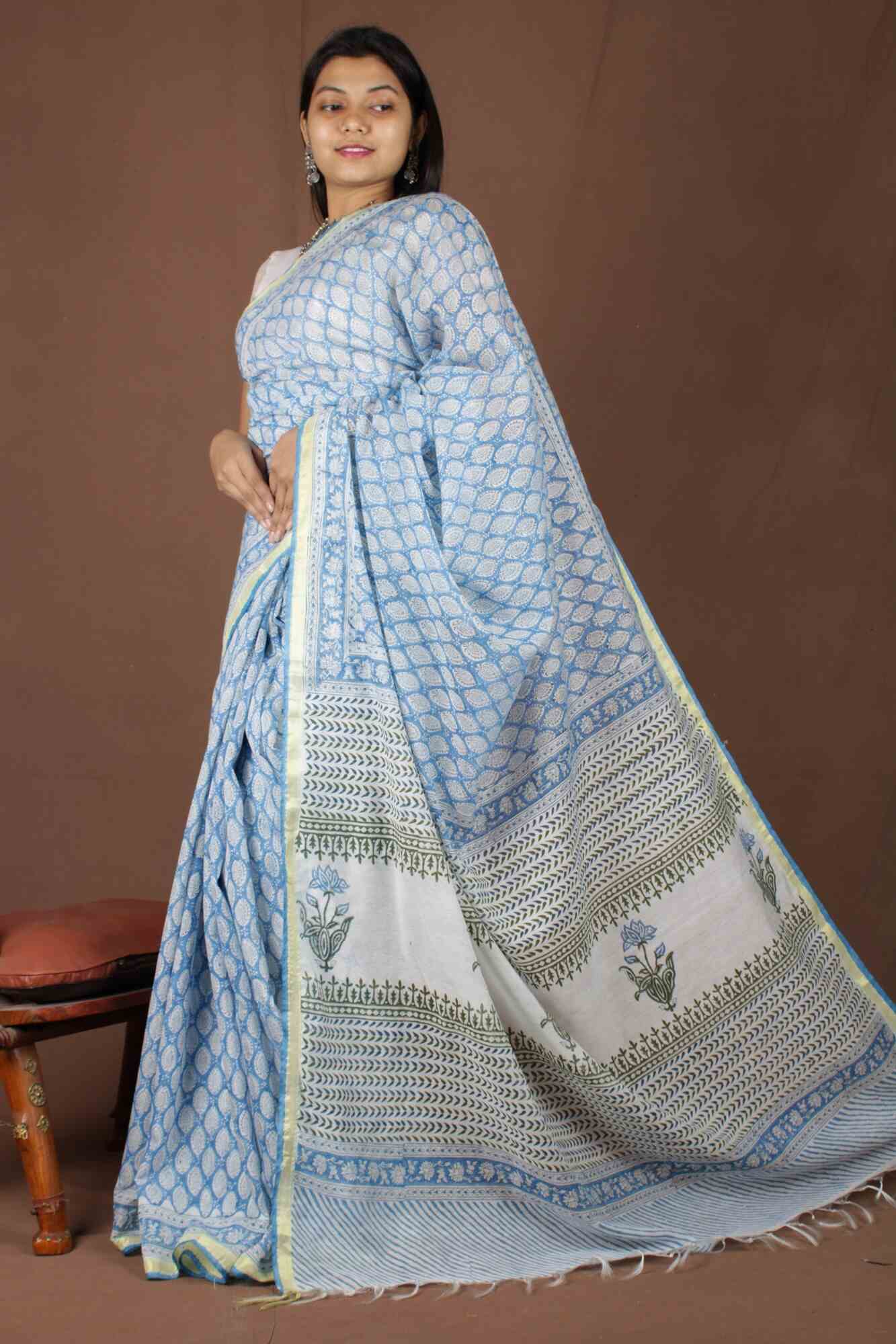 BLUE & WHITE SOFT CHANDERI COTTON PRINTED WRAP IN 1 MINUTE SAREE - Isadora Life Online Shopping Store