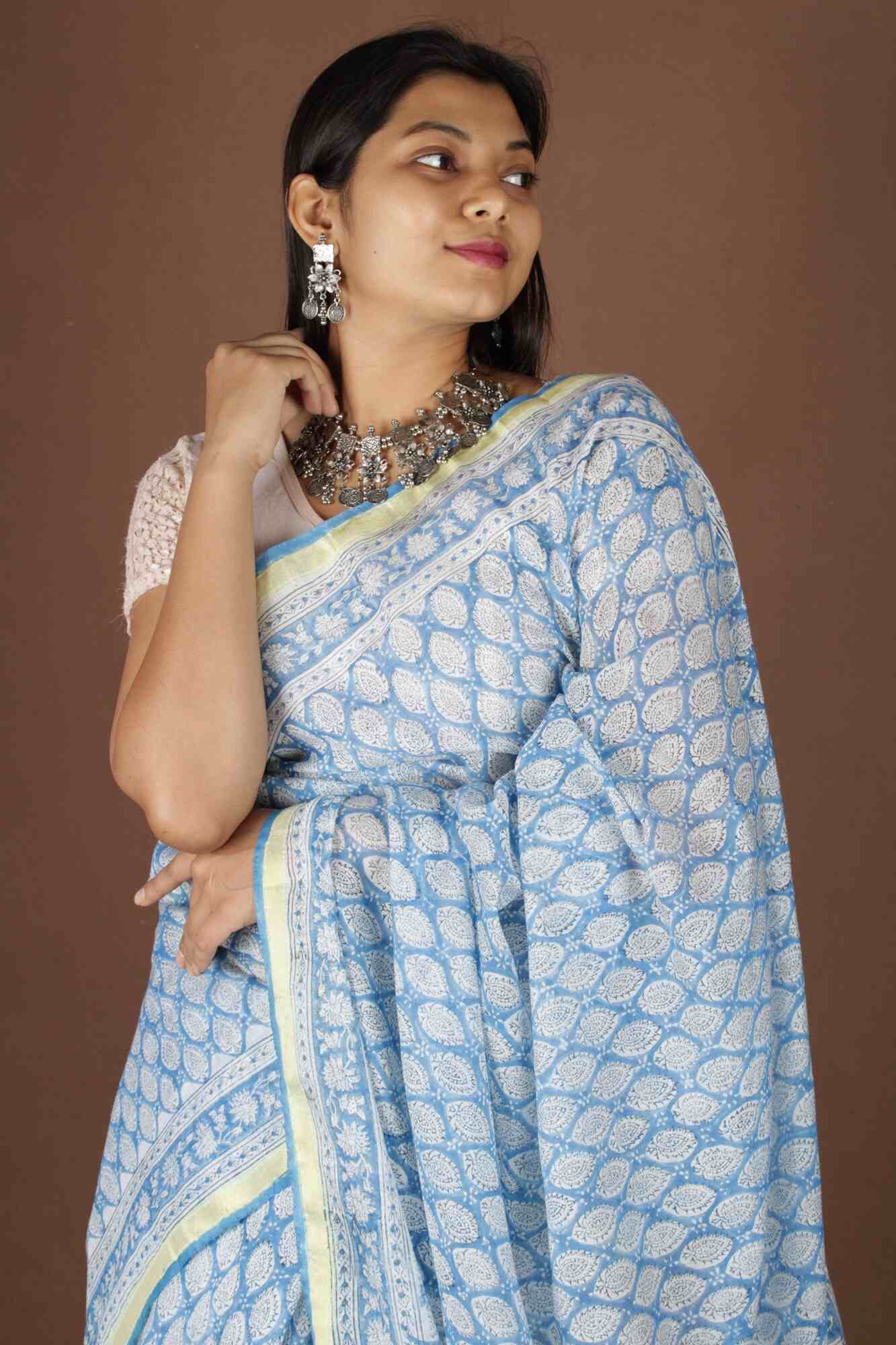 BLUE & WHITE SOFT CHANDERI COTTON PRINTED WRAP IN 1 MINUTE SAREE - Isadora Life Online Shopping Store