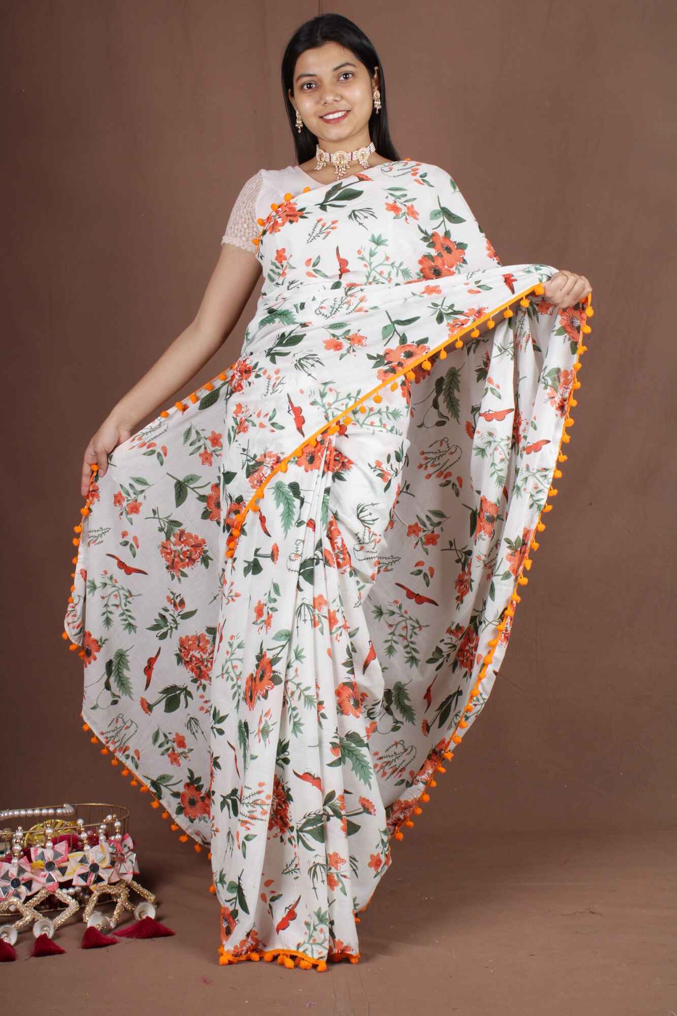 Orange Floral Printed Cotton Mulmul with Pompom Border Wrap in 1 minute saree - Isadora Life Online Shopping Store
