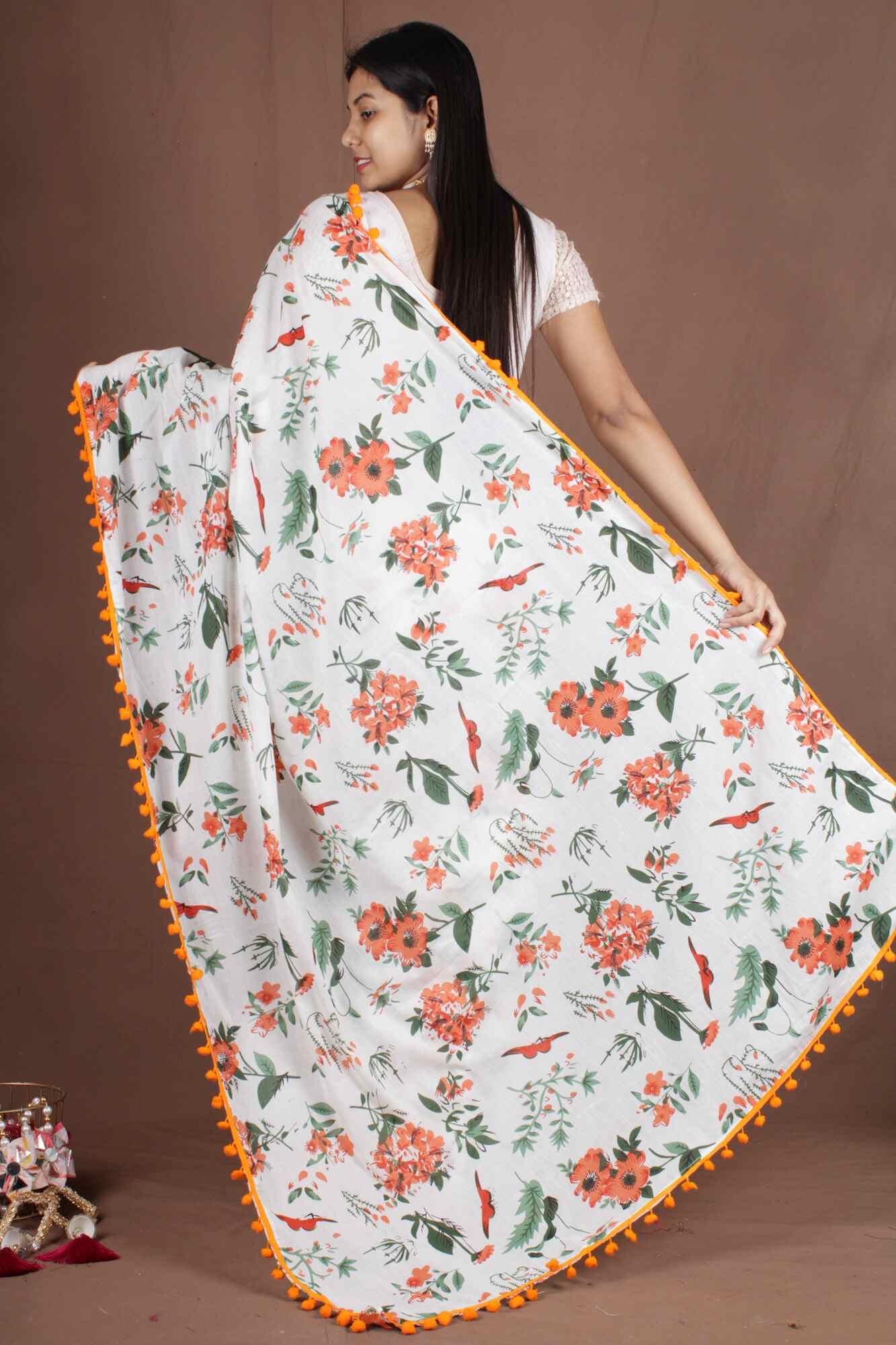 Orange Floral Printed Cotton Mulmul with Pompom Border Wrap in 1 minute saree - Isadora Life Online Shopping Store