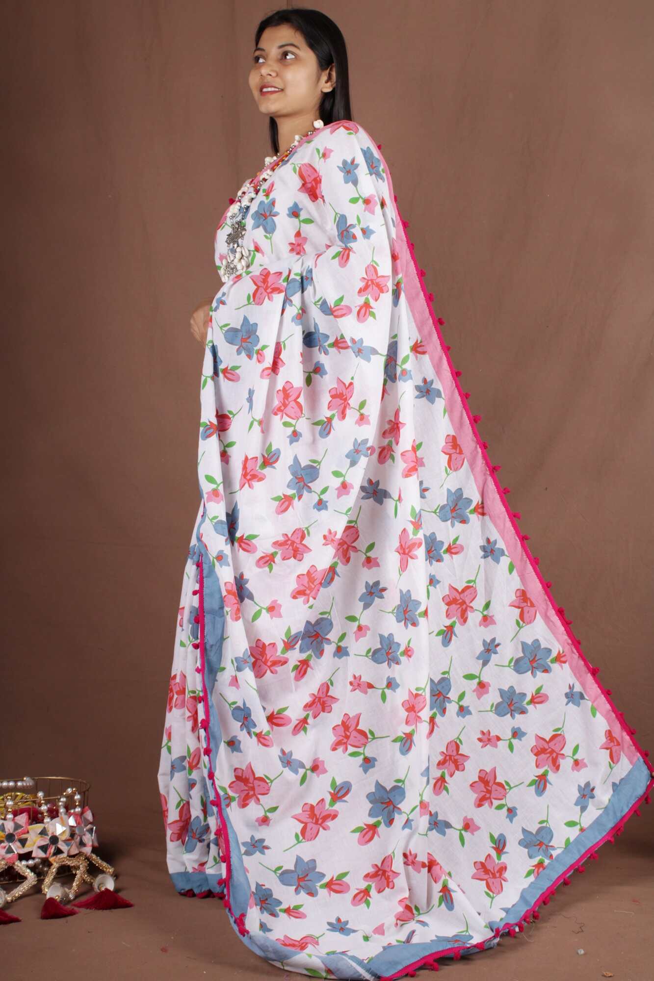 BLUE & PINK COTTON MUL MUL PRINTED WRAP IN 1 MINUTE SAREE WITH POMPOM - Isadora Life Online Shopping Store