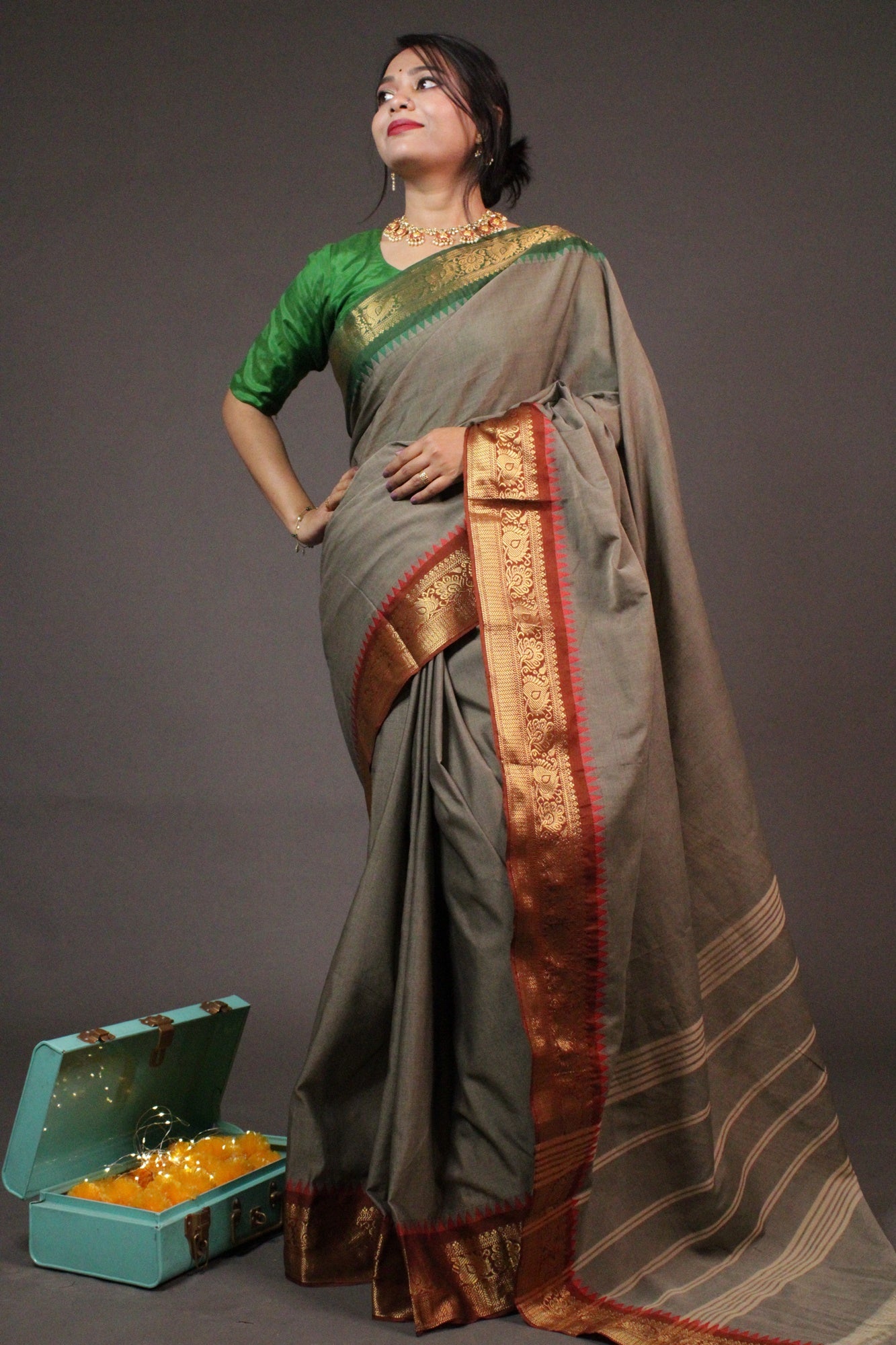 Theni Fine Cotton Wrap in 1 minute Saree with Chettinad Border - Isadora Life Online Shopping Store