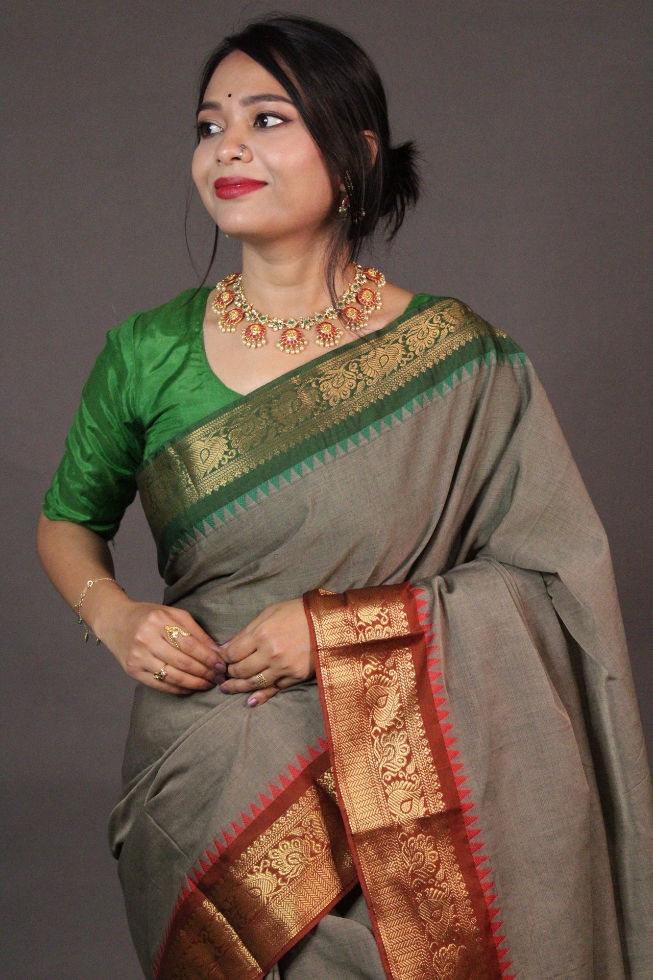 Theni Fine Cotton Wrap in 1 minute Saree with Chettinad Border - Isadora Life Online Shopping Store