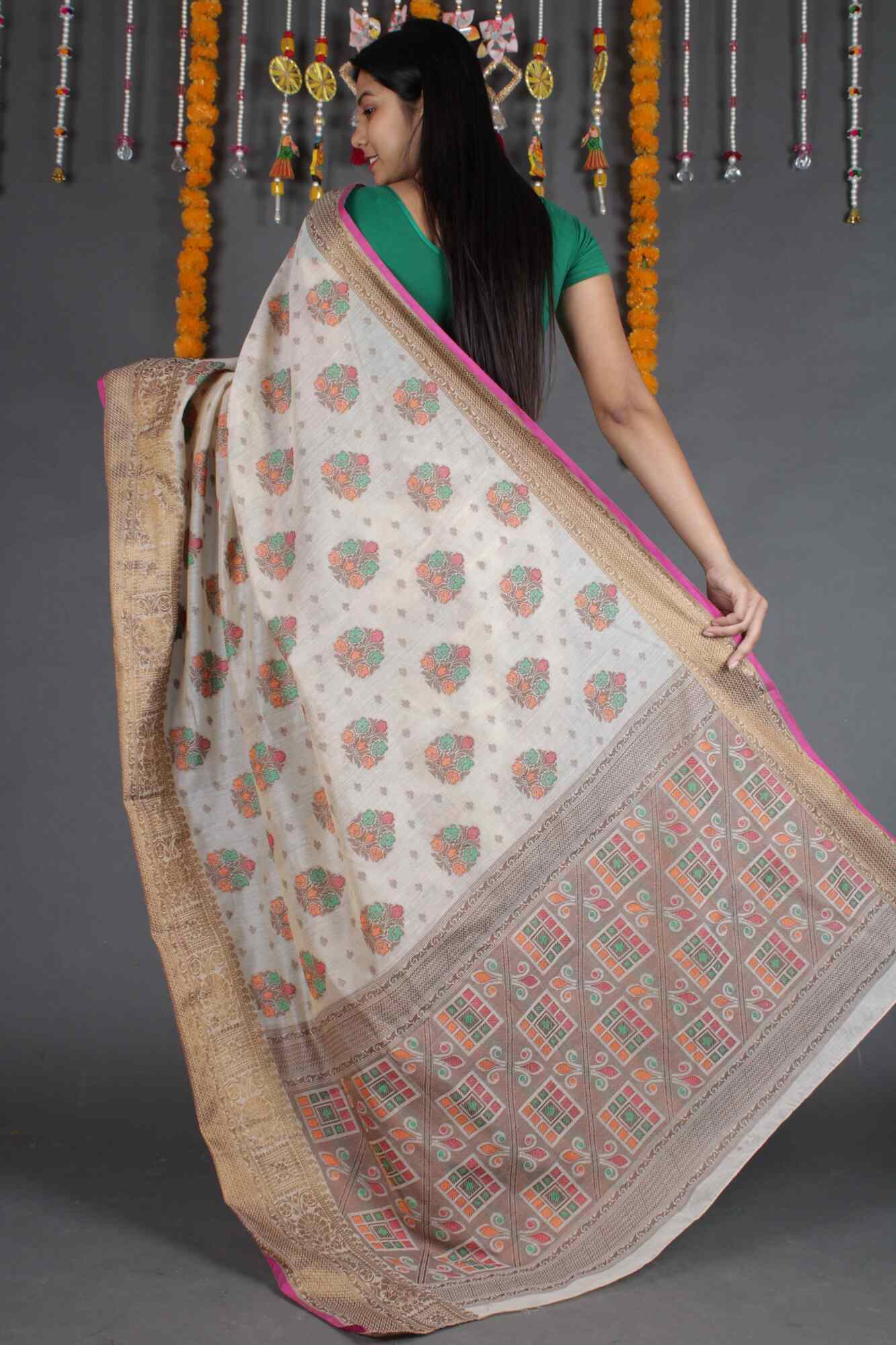 Beige Resham Zari Woven Cotton silk Wrap in 1 minute saree - Isadora Life Online Shopping Store