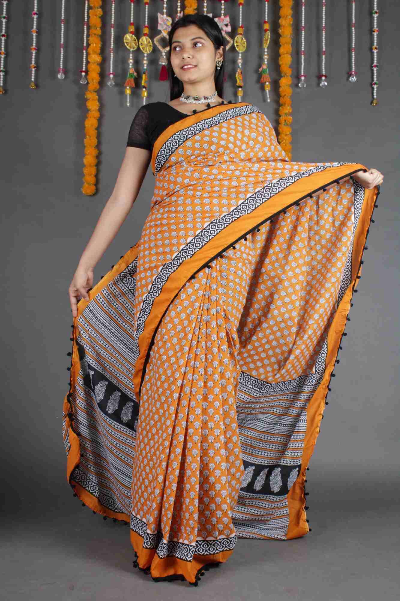 MUSTARD & BLACK SANGANERI COTTON MUL MUL PRINTED 1 MINUTE SAREE WITH POMPOM - Isadora Life Online Shopping Store