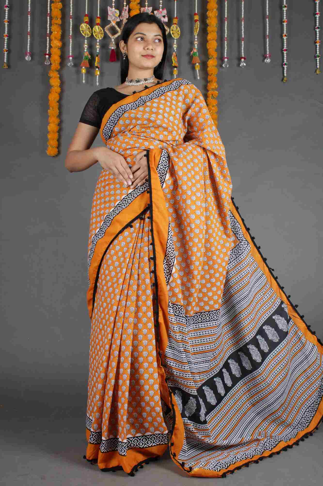 MUSTARD & BLACK SANGANERI COTTON MUL MUL PRINTED 1 MINUTE SAREE WITH POMPOM - Isadora Life Online Shopping Store