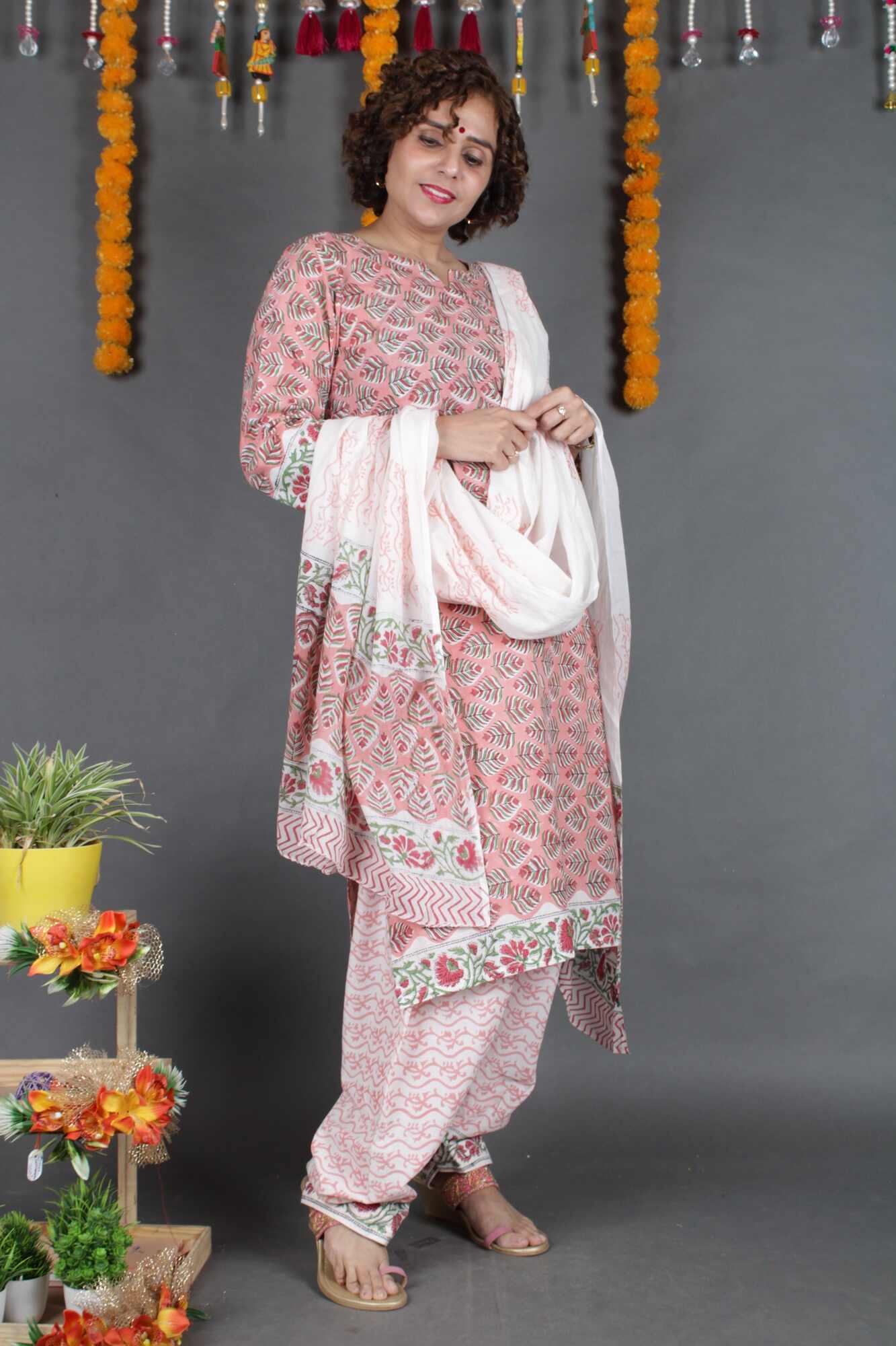 White-Peach Printed Cotton Ready to wear Salwar-Kameez with Dupatta - Isadora Life Online Shopping Store