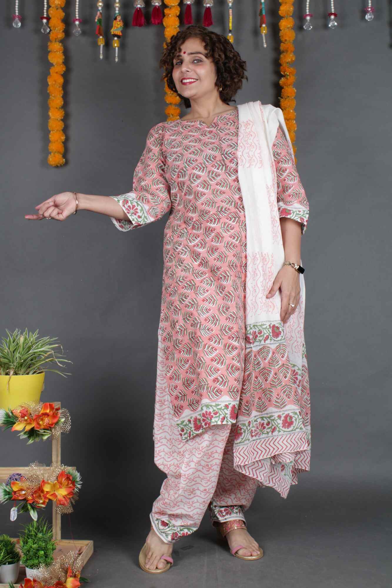 White-Peach Printed Cotton Ready to wear Salwar-Kameez with Dupatta - Isadora Life Online Shopping Store