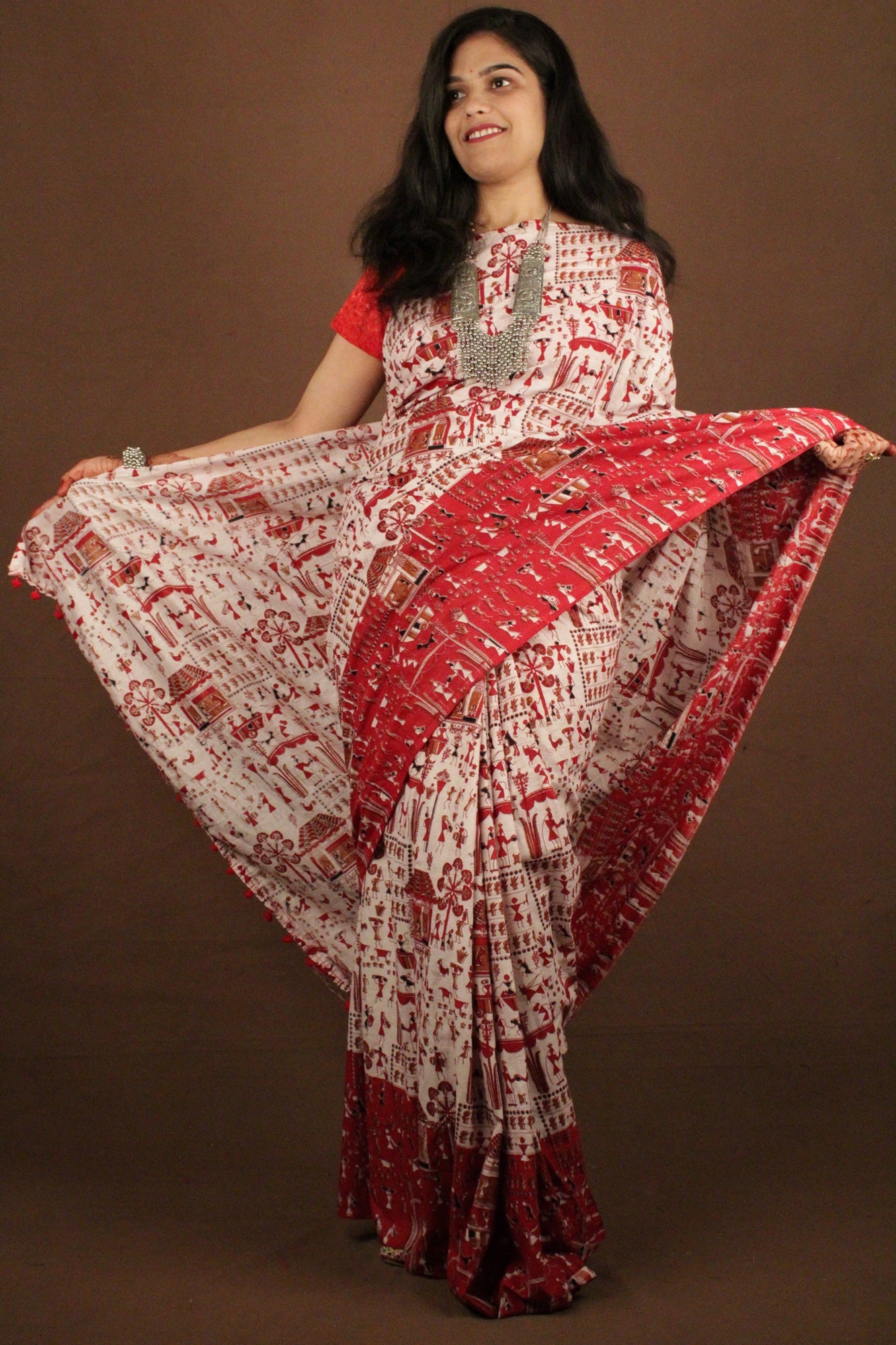 Red Traditional Bengal Soft Kalamkari Printed Handloom Cotton Wrap in 1 minute saree - Isadora Life Online Shopping Store