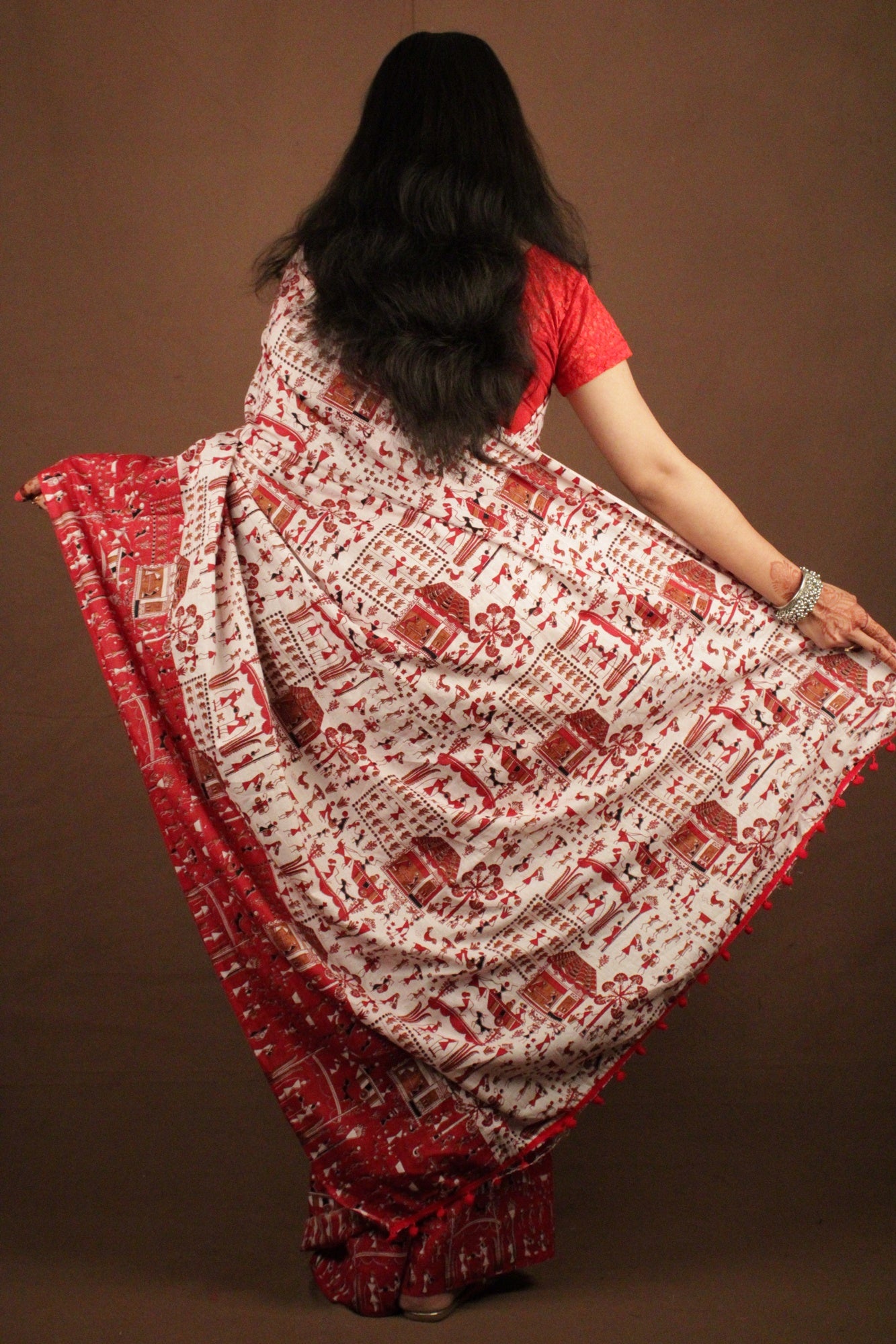 Red Traditional Bengal Soft Kalamkari Printed Handloom Cotton Wrap in 1 minute saree - Isadora Life Online Shopping Store