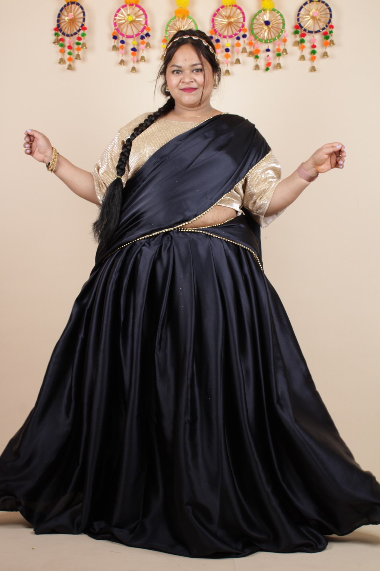 HALF SAREE TWIST - Ruffled Satin Dupatta with golden moti lace half saree and stitched golden blouse - Isadora Life Online Shopping Store