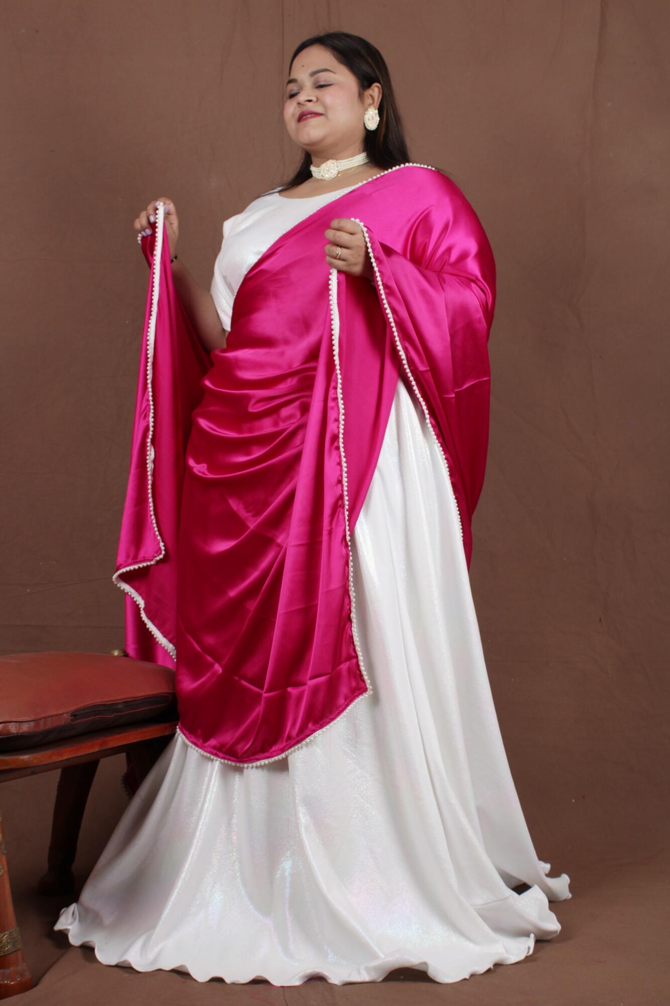 HALF SAREE TWIST - Moti Laced Dupatta with Shimmy Shimmer Lycra Half Saree and Readymade Blouse - Isadora Life Online Shopping Store