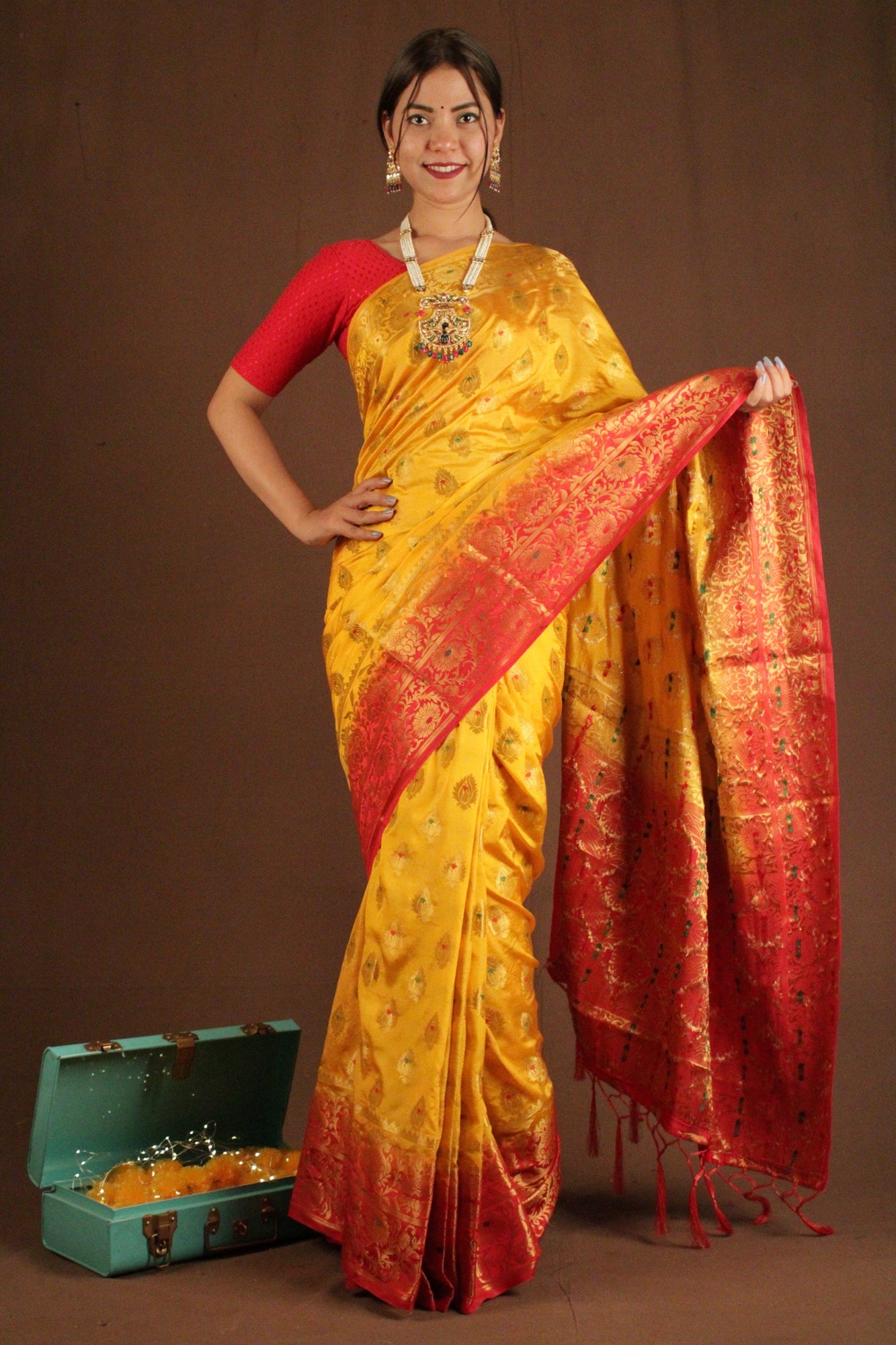 Yellow-Red Kanjivaram woven zari Wrap in 1 minute saree - Isadora Life Online Shopping Store