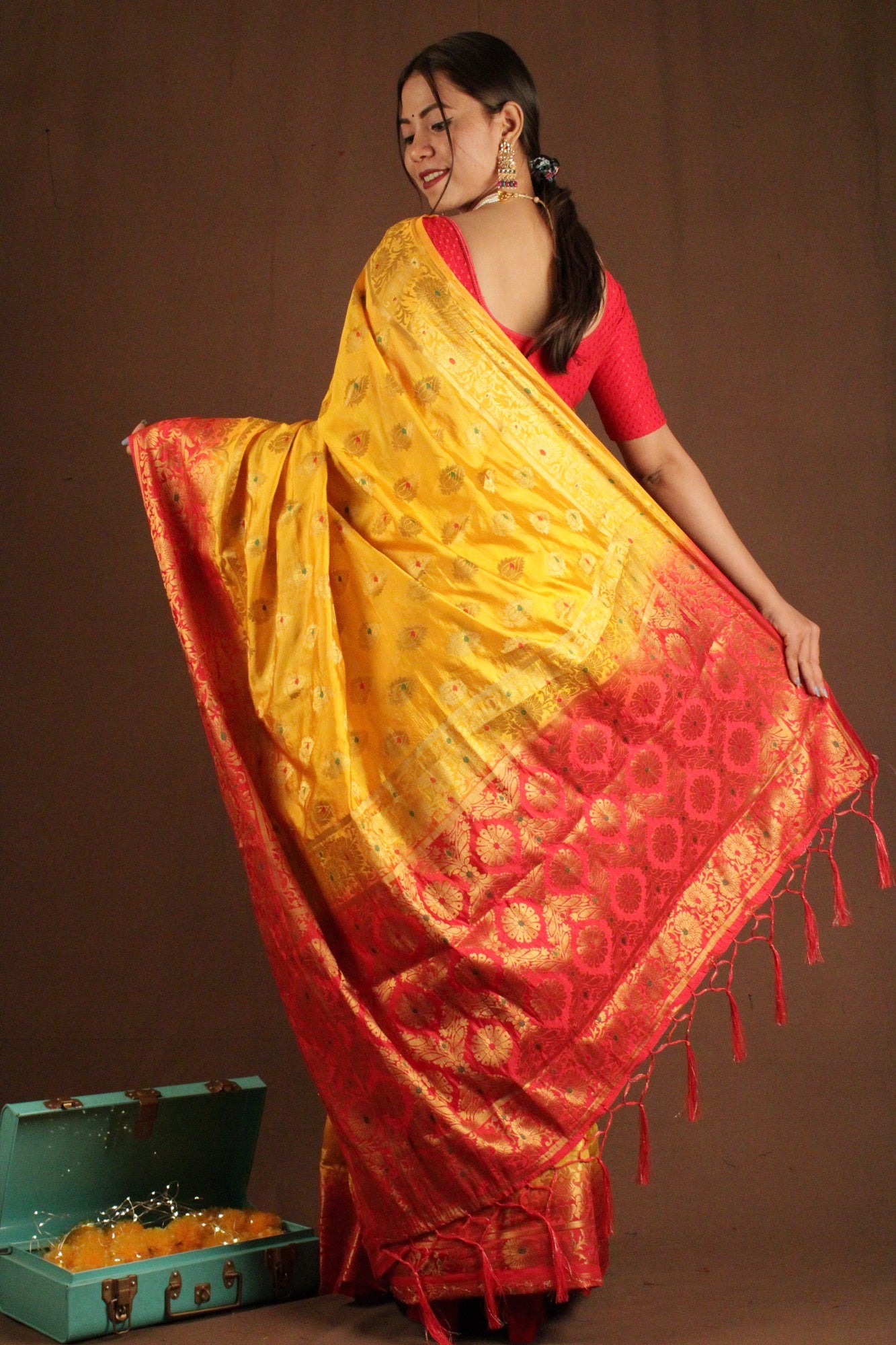 Yellow-Red Kanjivaram woven zari Wrap in 1 minute saree - Isadora Life Online Shopping Store